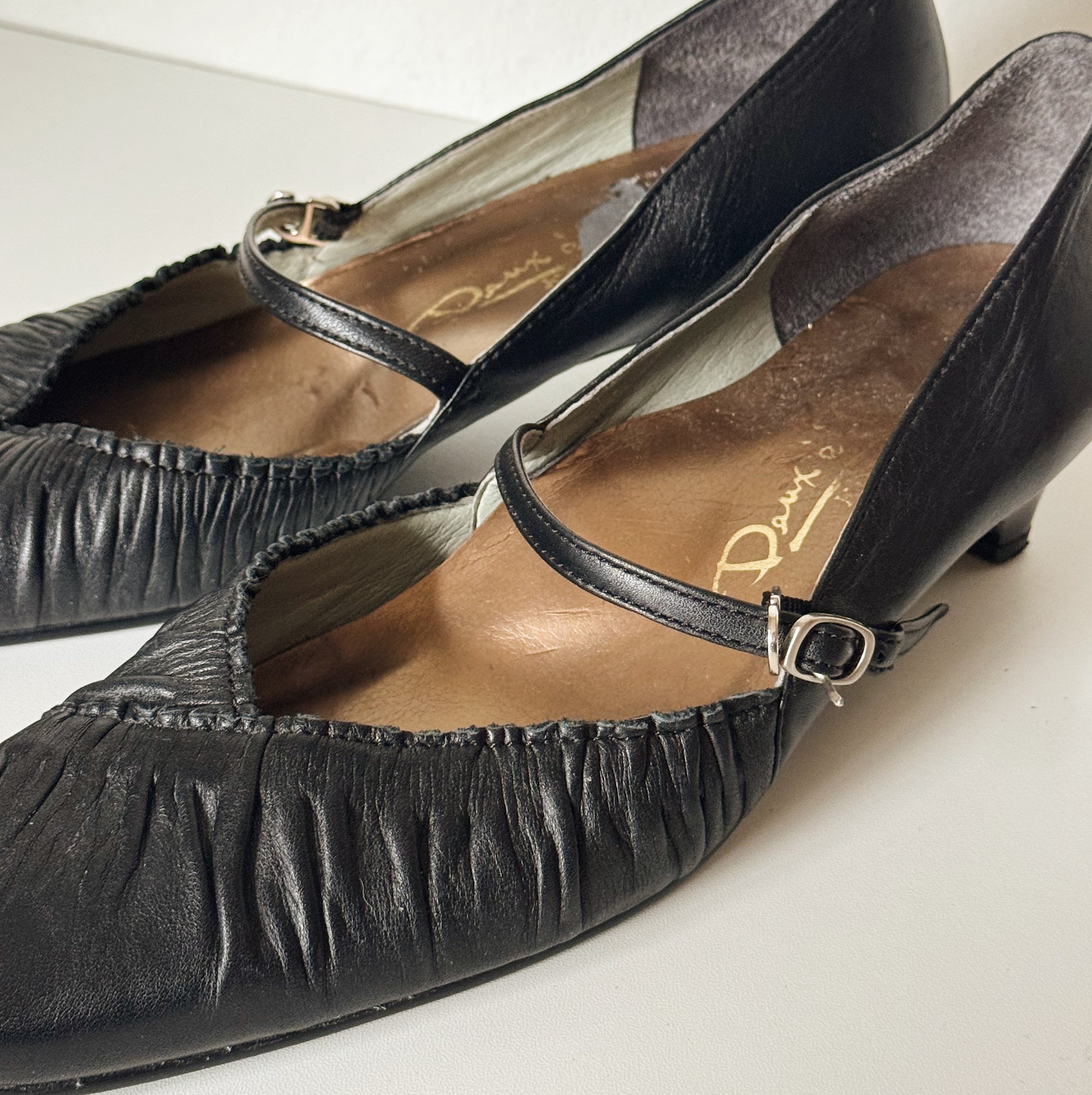 Black Ruched Leather Mary Janes | Size 6.5 - Hey Jude