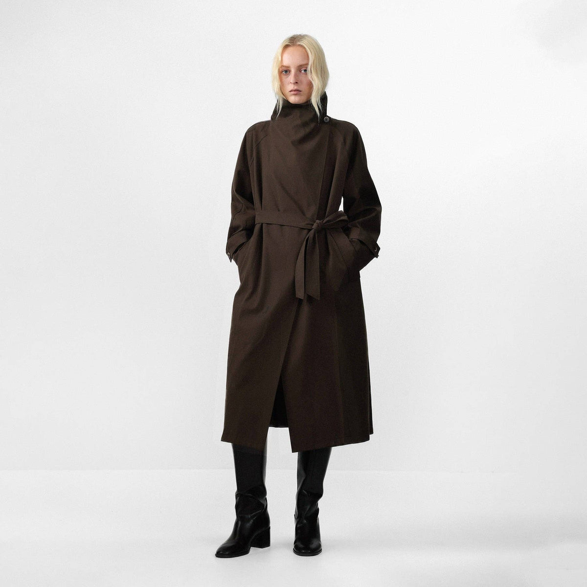 CUBIC | Stand Collar Belted Long Trench Coat in Reddish Brown