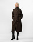 CUBIC | Stand Collar Belted Long Trench Coat in Reddish Brown