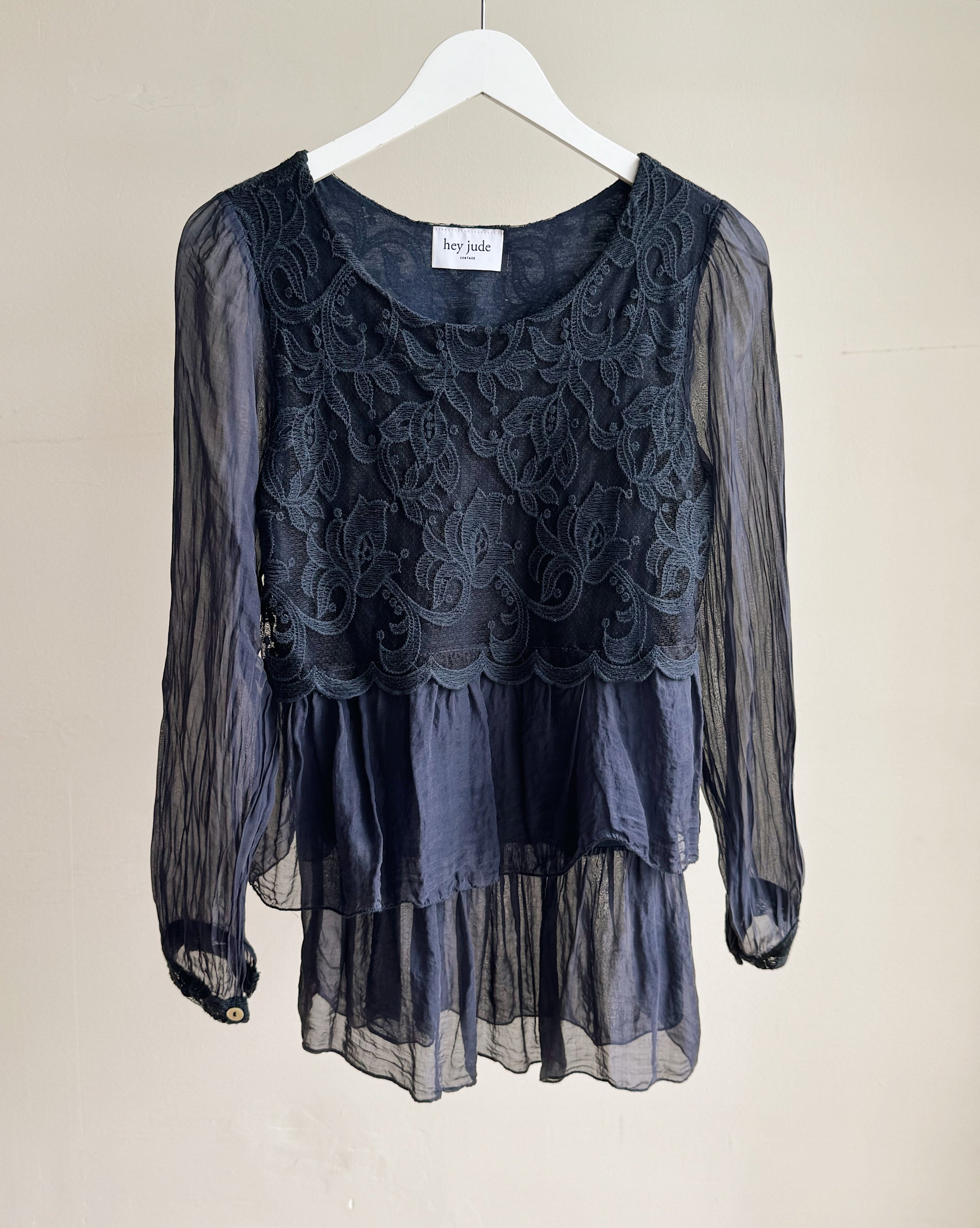 Navy Silk Romantic Embroidered Top