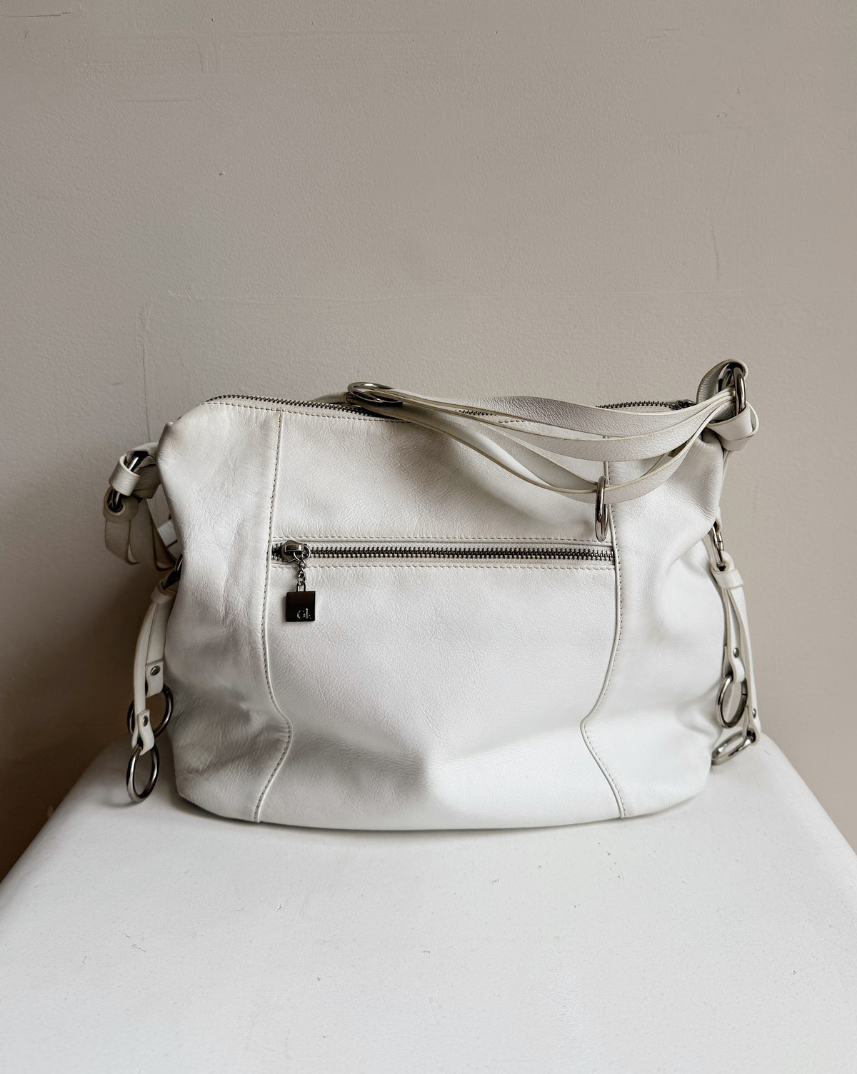 White Multi-Pocket Leather Shoulder Bag