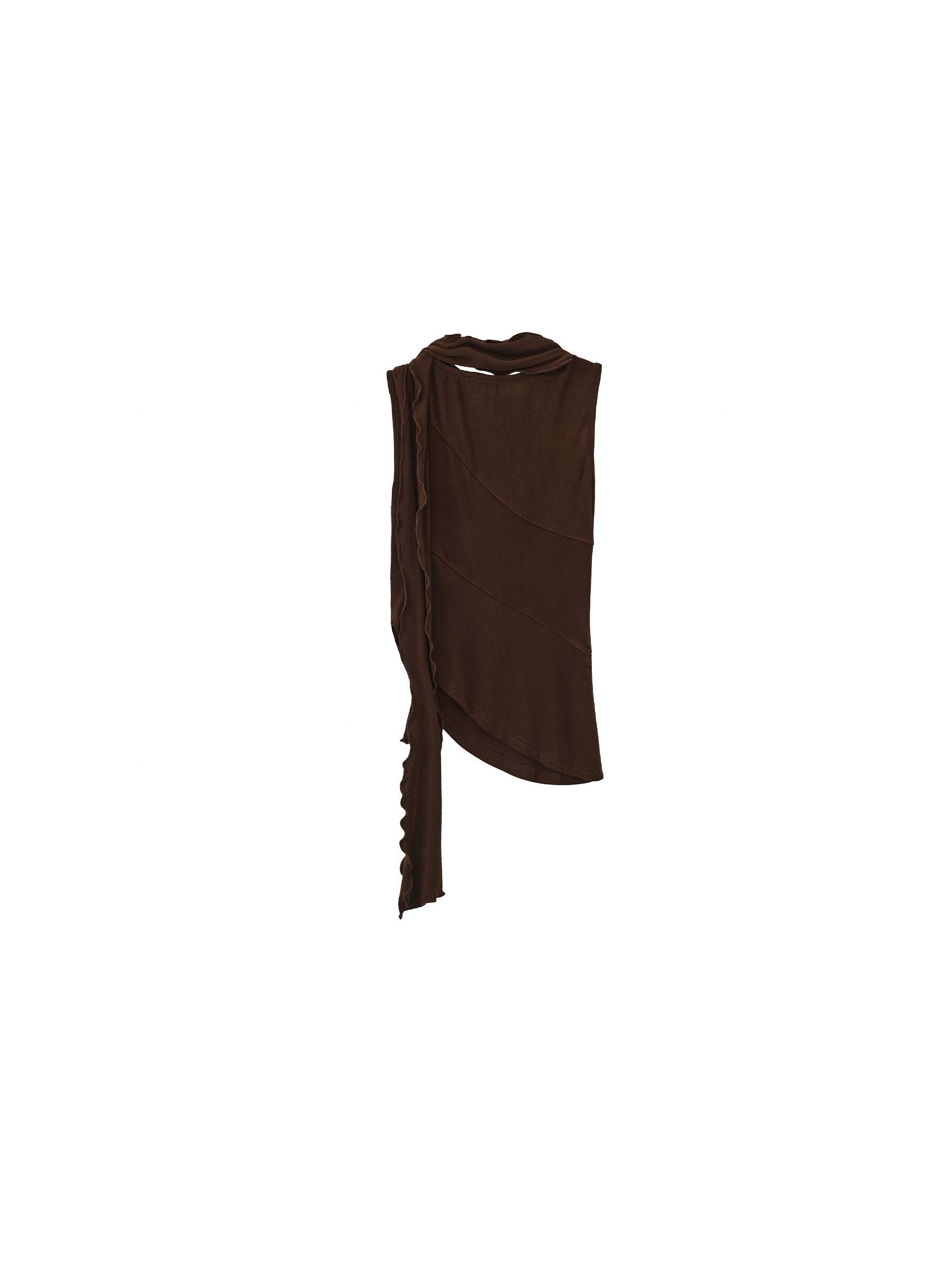 Cubic | Asymmetrical Sleeveless Tie-Neck Top in Espresso