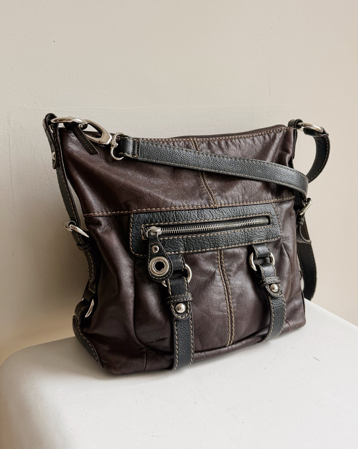 Chocolate Brown + Black Zipped Utility Leather Crossbody