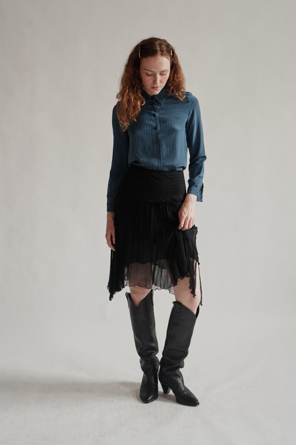Azure Geometric Silk Blouse