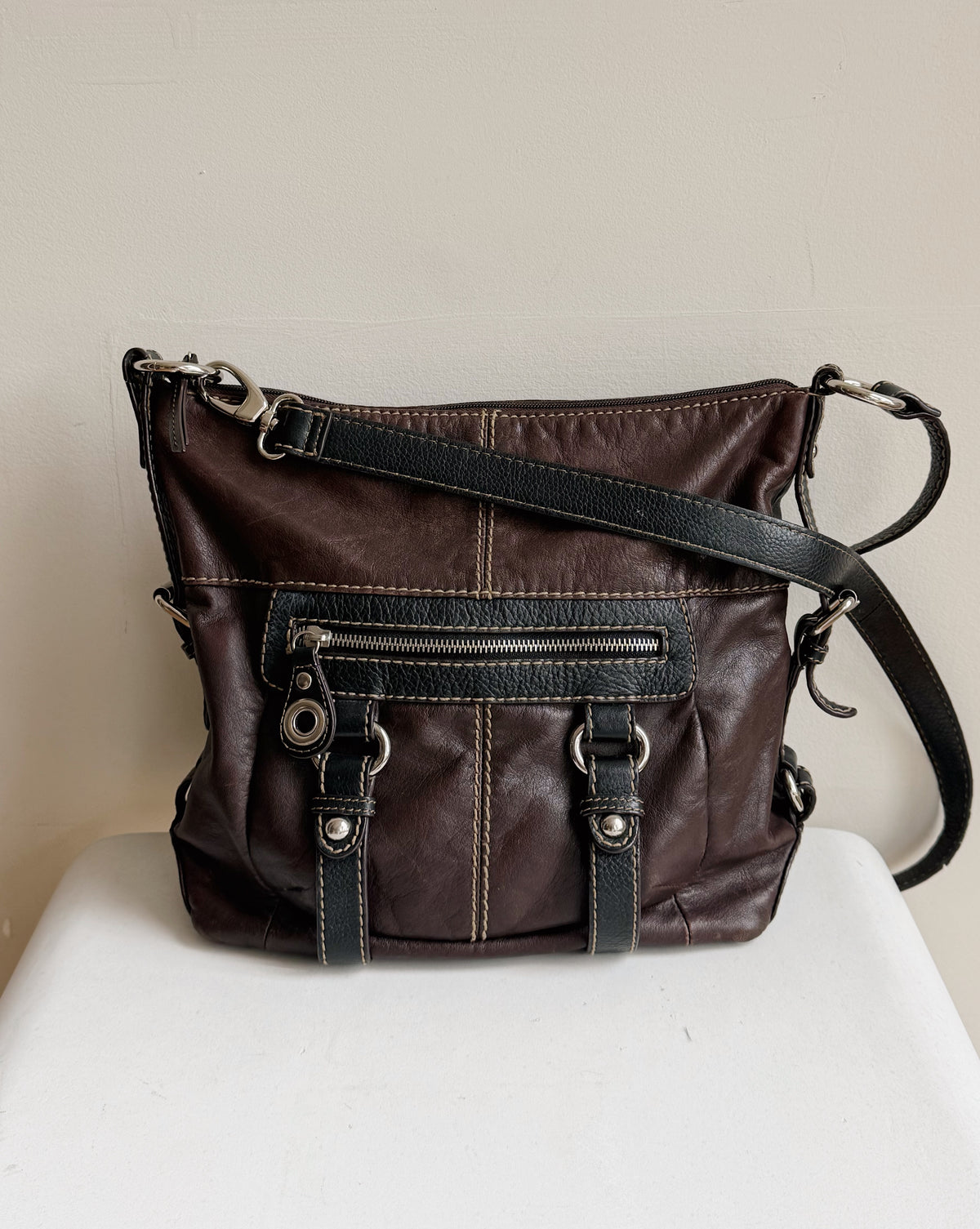 Chocolate Brown + Black Zipped Utility Leather Crossbody