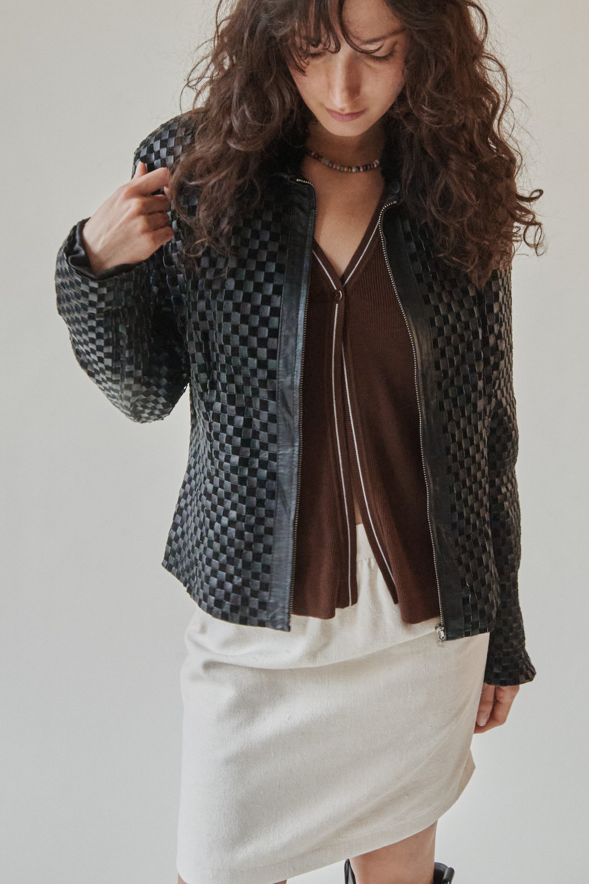 Black Woven Leather Jacket With Fur Collar