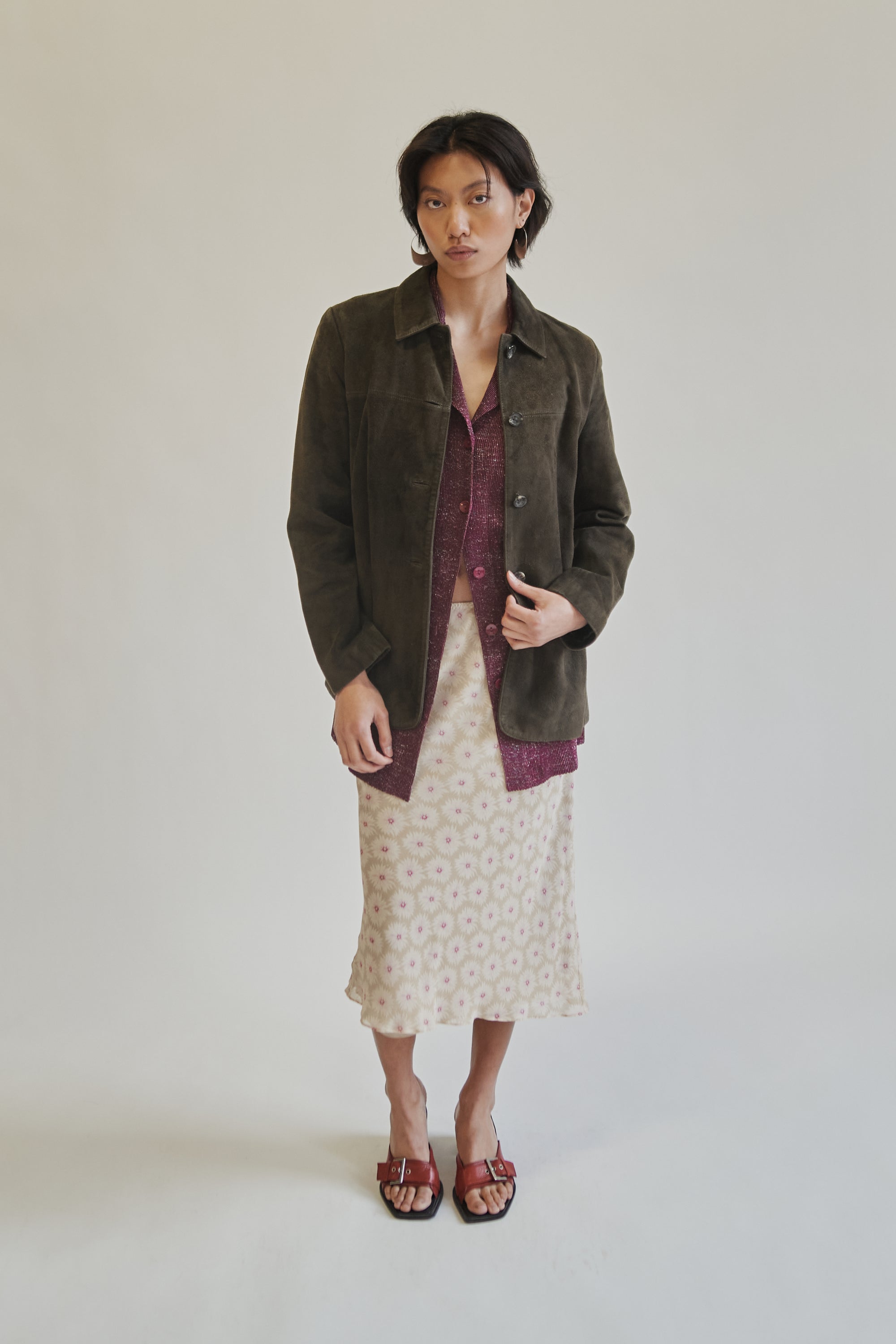 Sand Floral Silk Print Midi Skirt