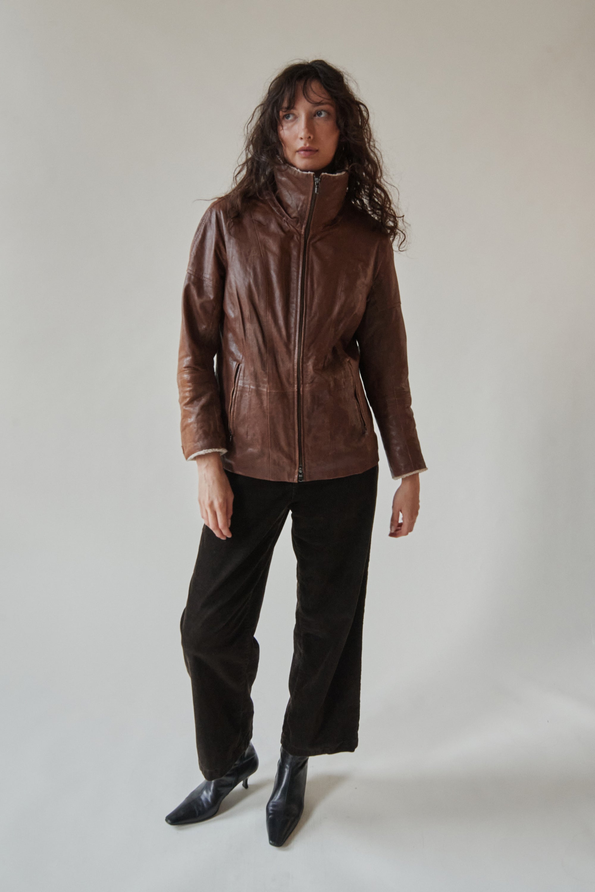 Brown Shearling Collar Leather Coat