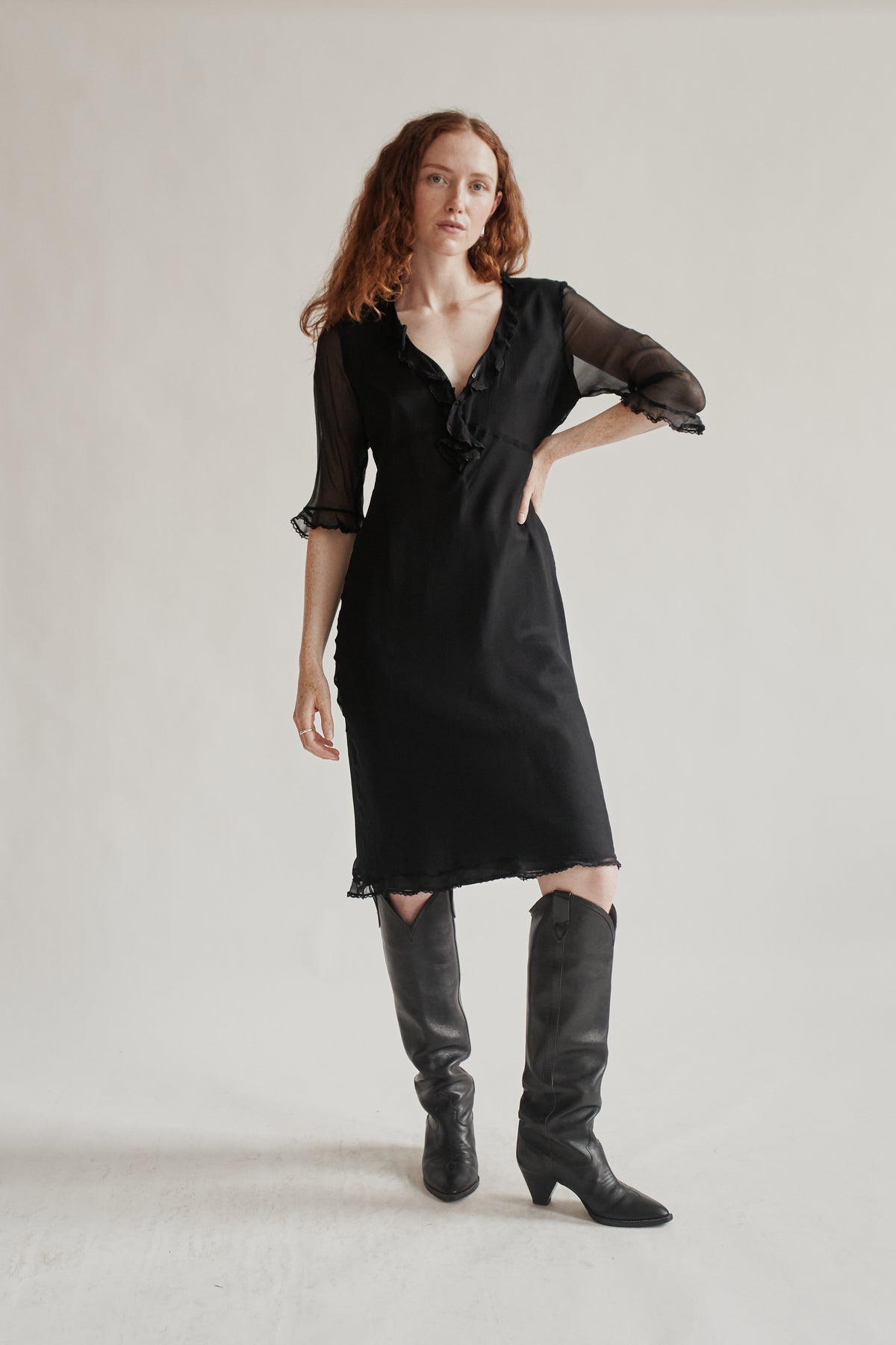 Raven Sheer Silk Ruffle Maxi Dress