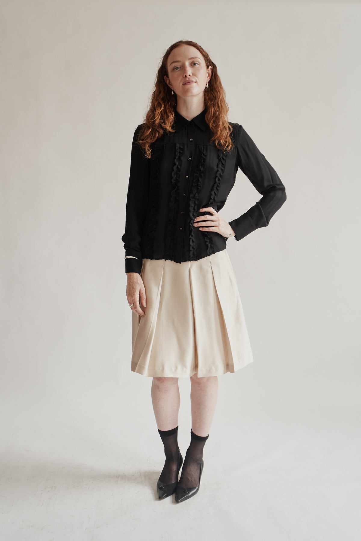 Black Sheer Silk Ruffle Blouse