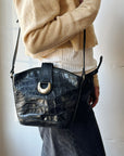 Black Croc-Embossed Leather Shoulder Bag