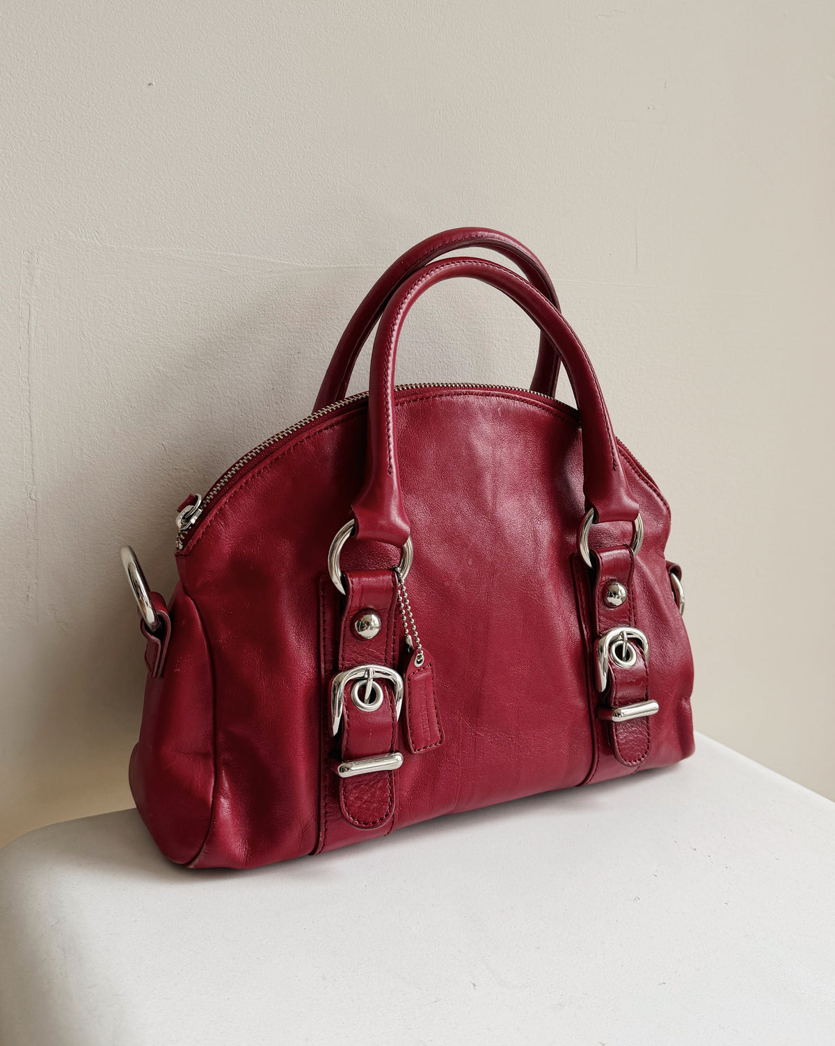 Red Buckle Detail Leather Bowler Bag