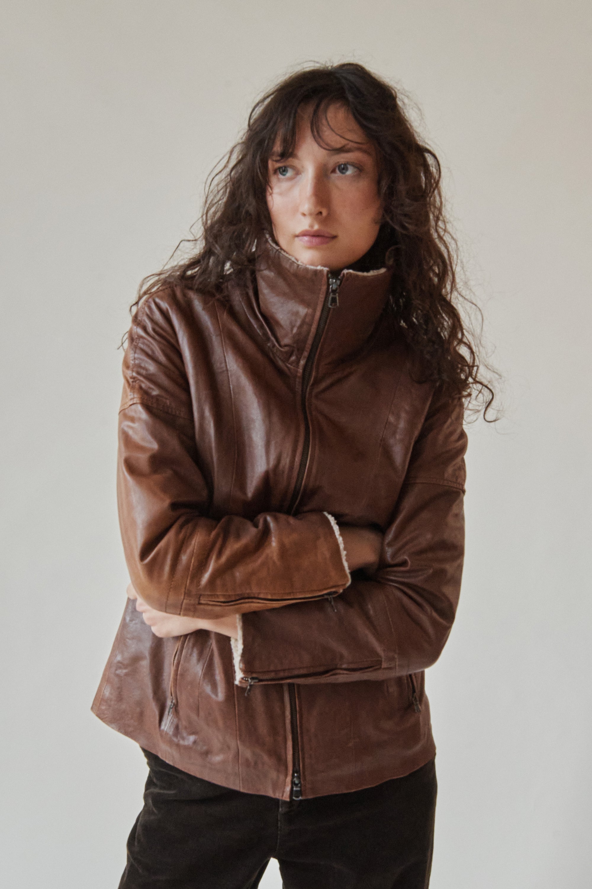 Brown Shearling Collar Leather Coat