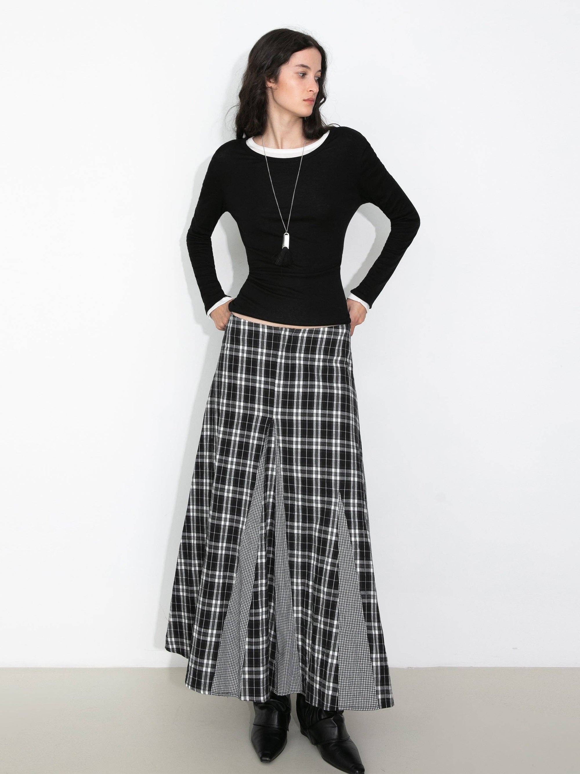 Cubic |  Cotton Patchwork Check A-Line Maxi Skirt