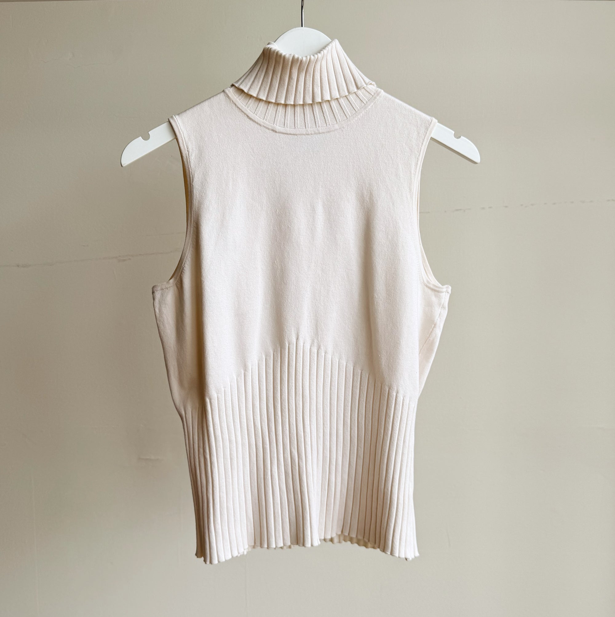 Ivory Silk Ribbed Sleeveless Turtleneck