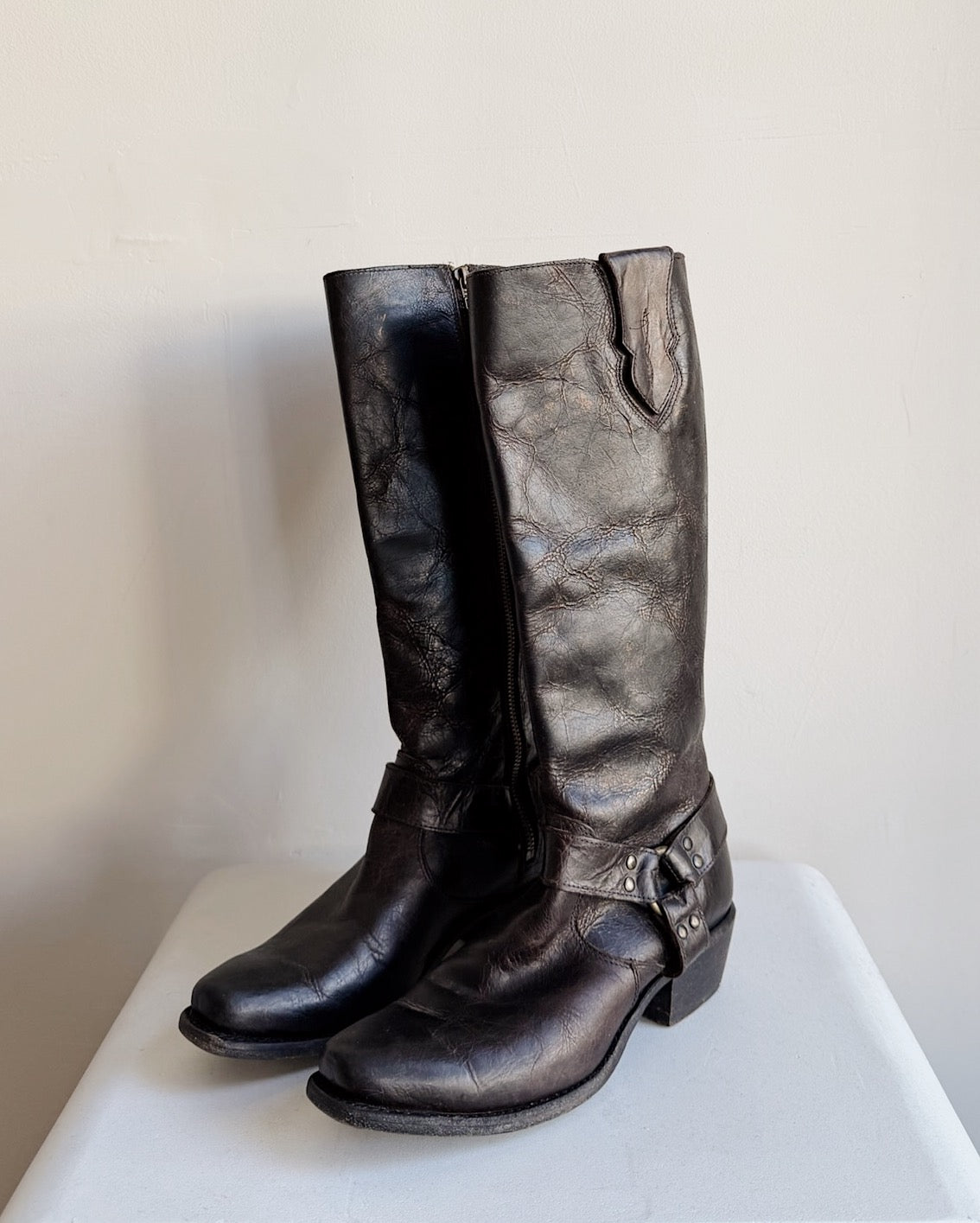 Dark Brown Leather Harness Boots | Size 7.5