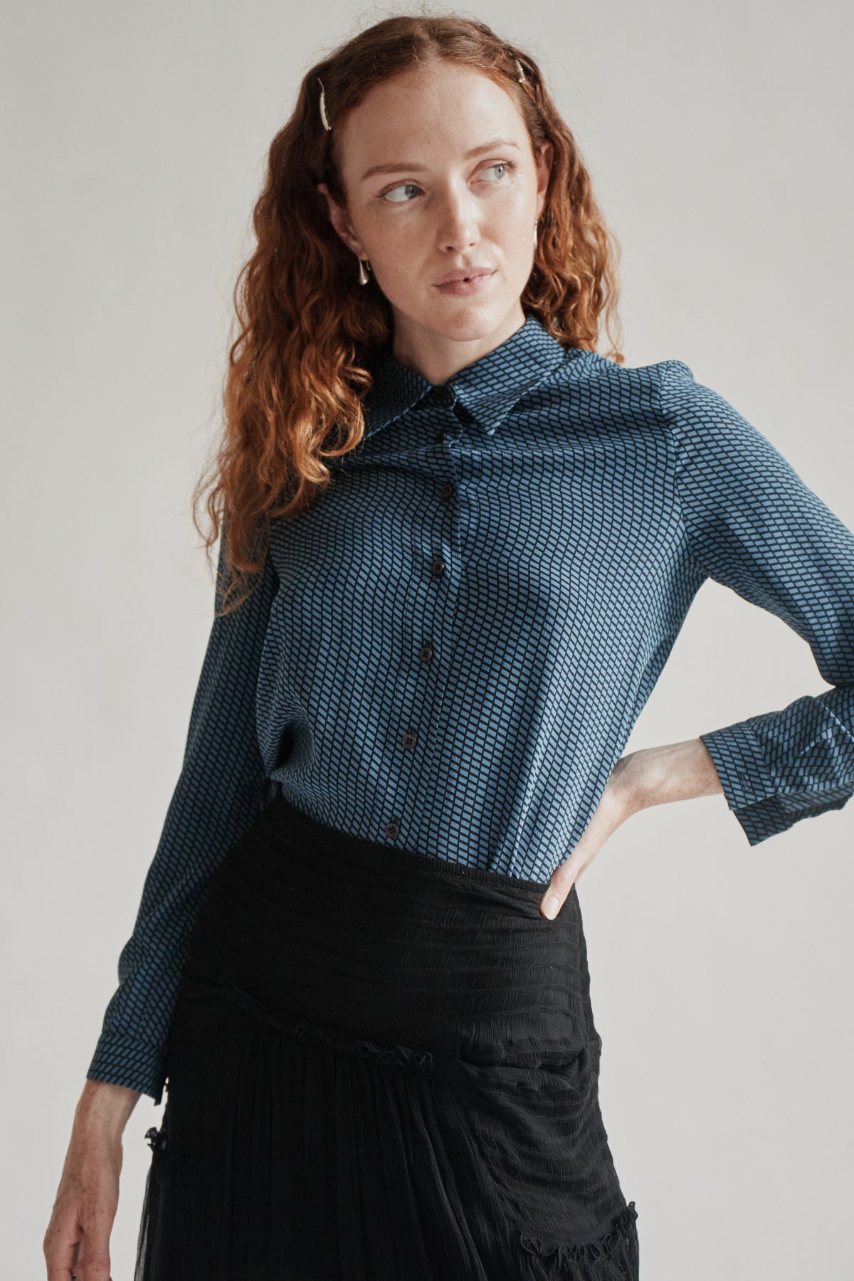 Azure Geometric Silk Blouse