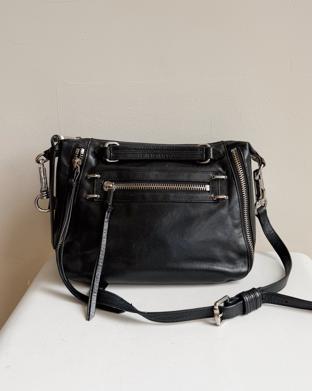 Onyx Silver Hardware Leather Crossbody Bag