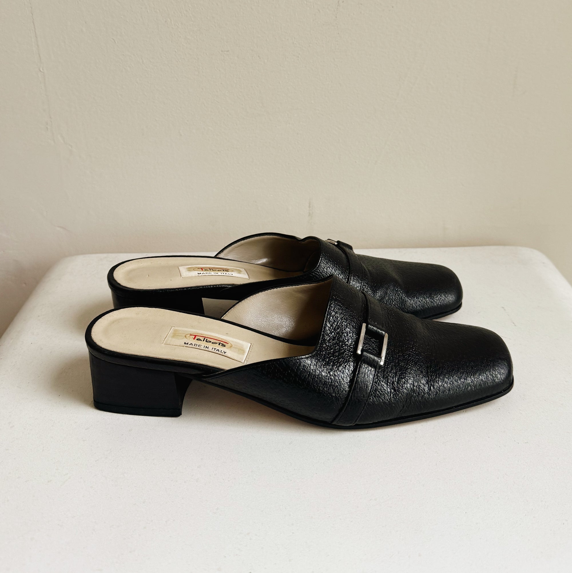Black Leather Buckle Mules | Size 7
