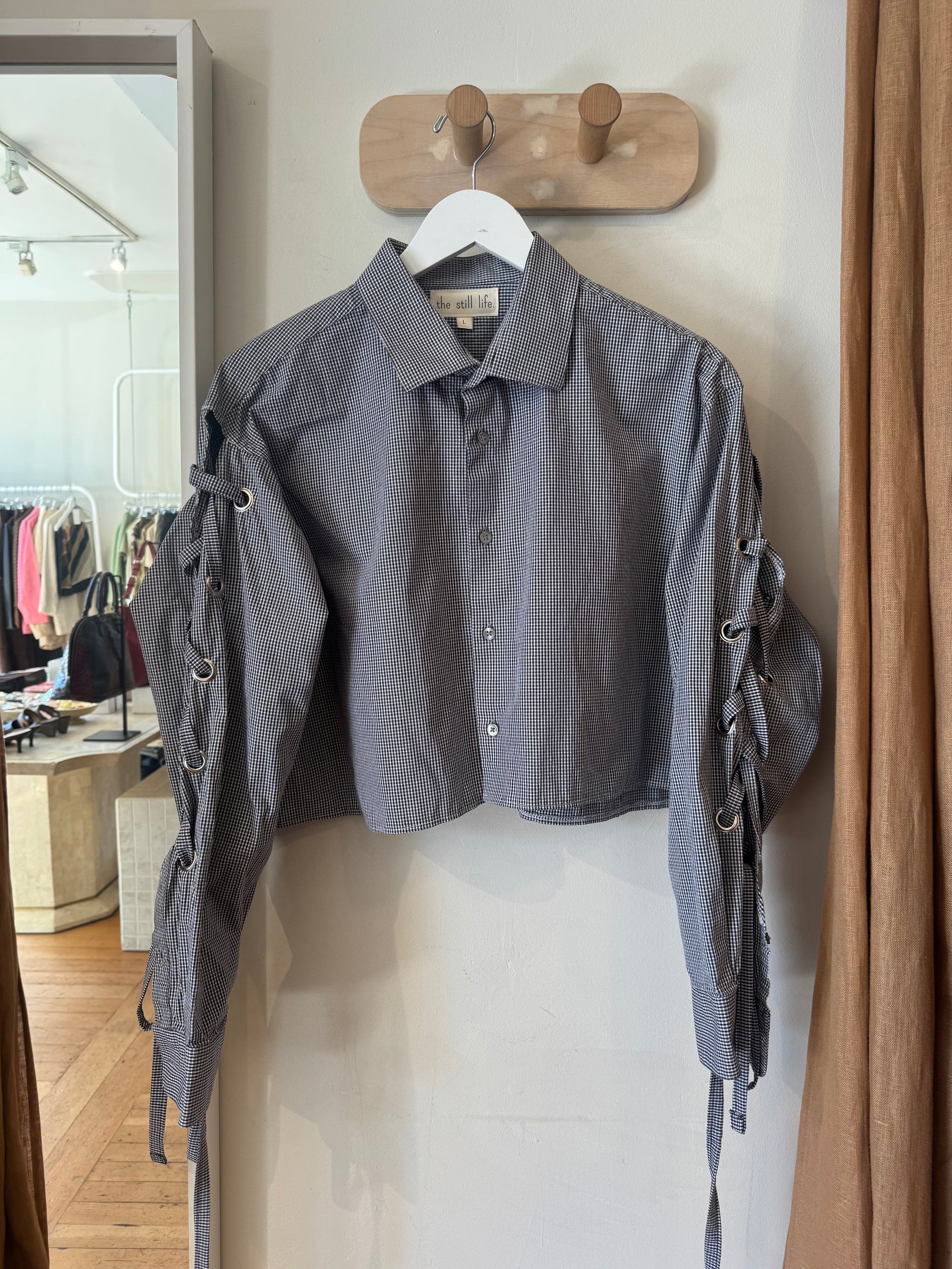 The Still Life | Maude Top in Ruched Lace-Up Navy Gingham - Hey Jude