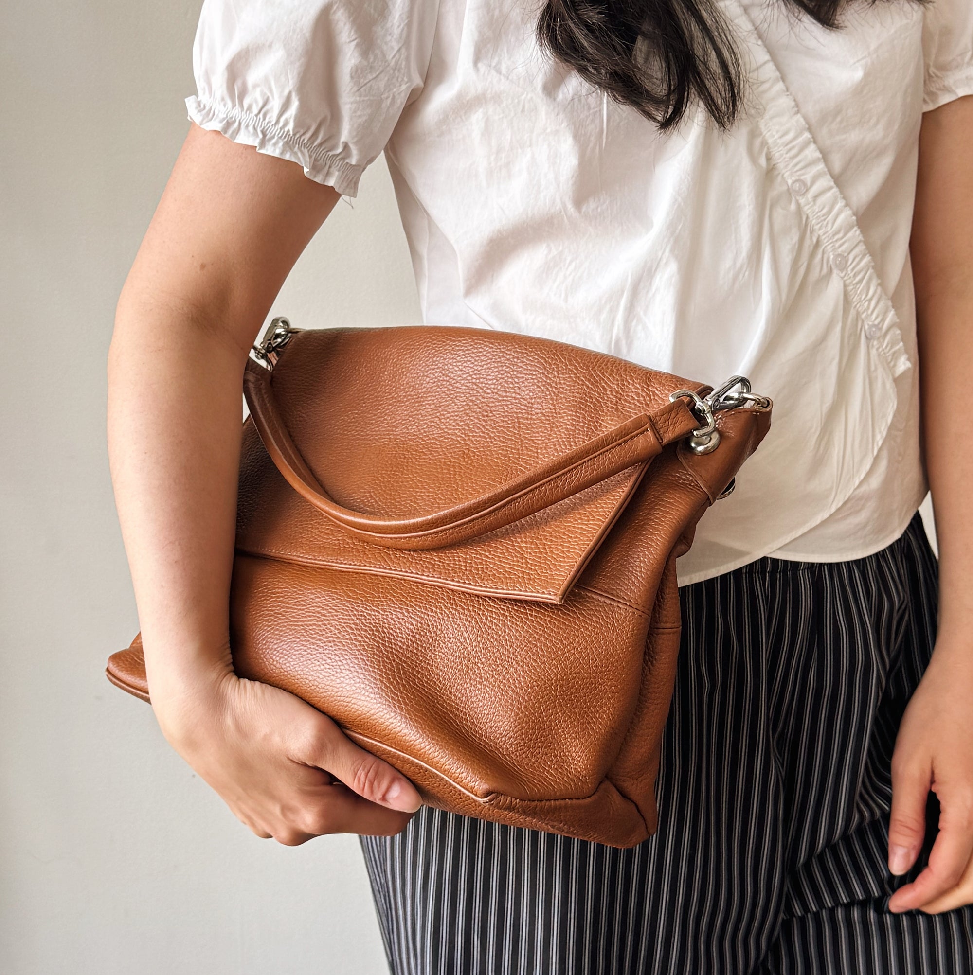 Chestnut Leather Fold Over Bag - Hey Jude