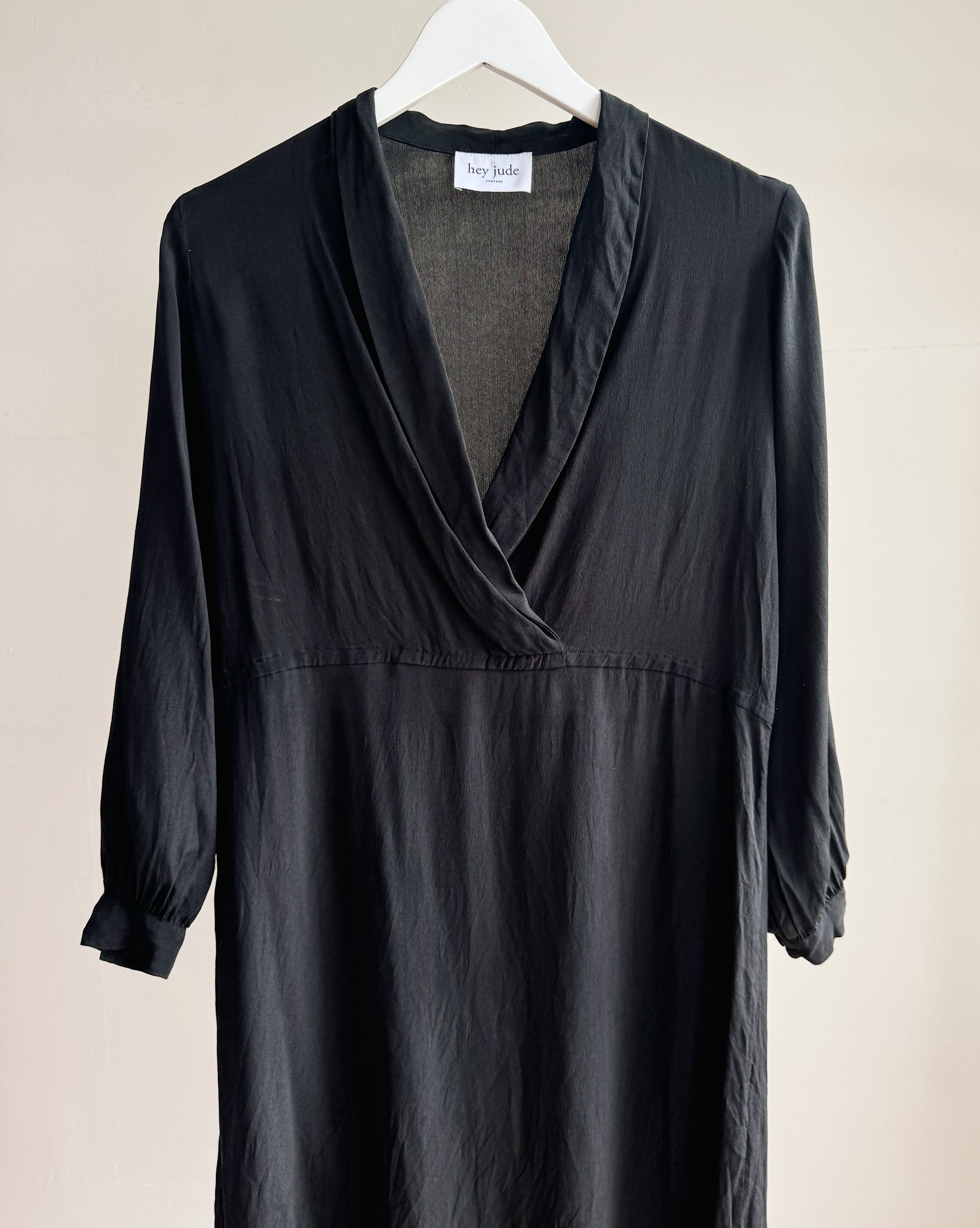 Black Draped Silk V-Neck Dress