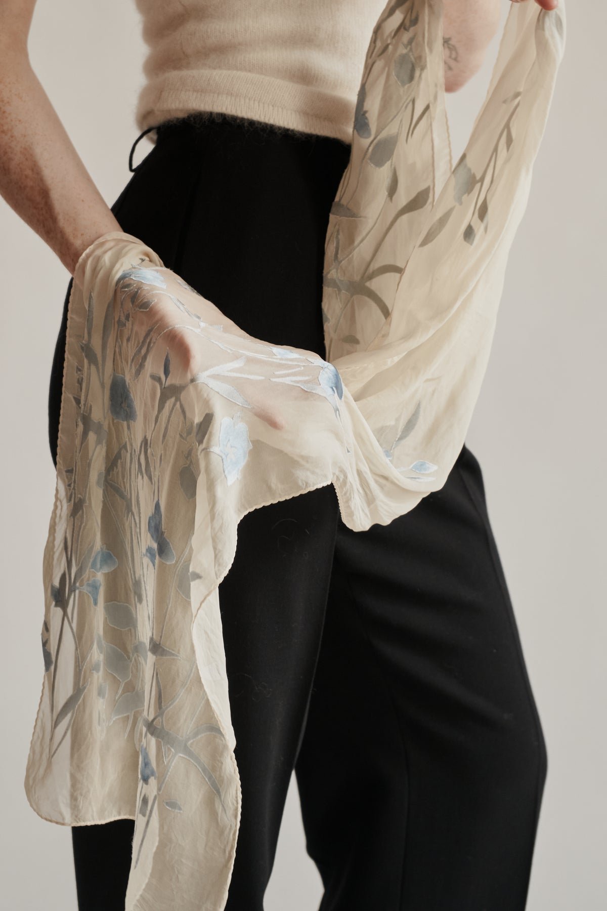 Cream Floral Narrow Silk Scarf