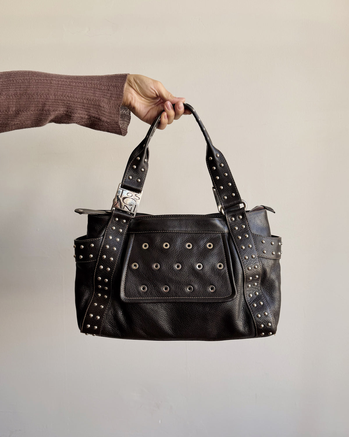 Dark Chocolate Studded Leather Bag