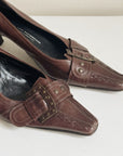 Brown Buckle Pointed Leather Pumps | Size 7