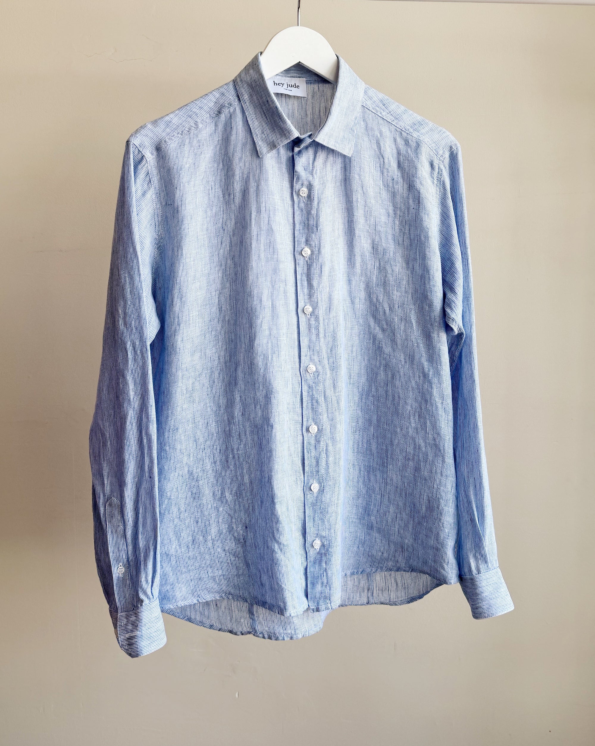 Sky Blue Striped Linen Button Up