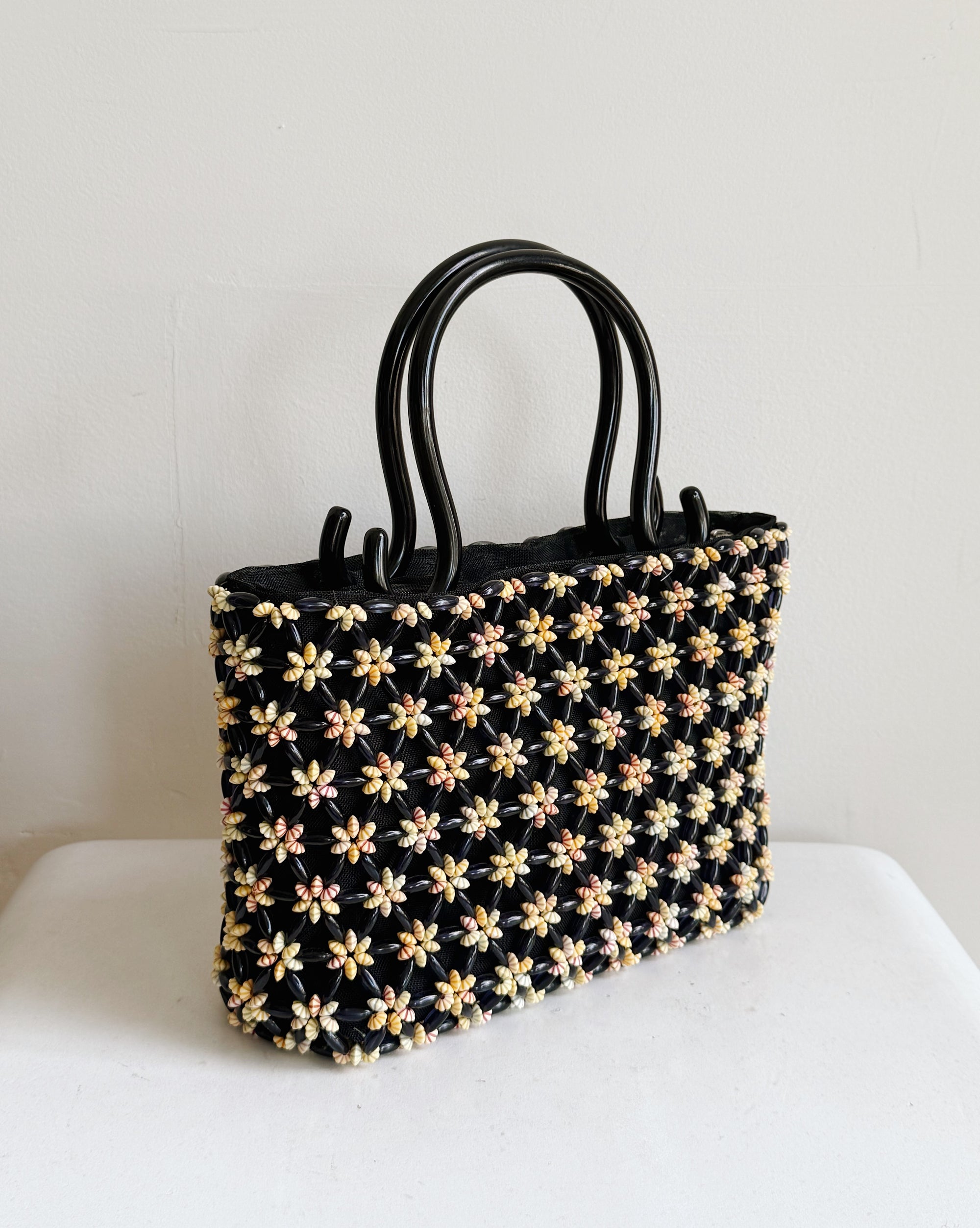 Floral Beaded Top Handle Bag