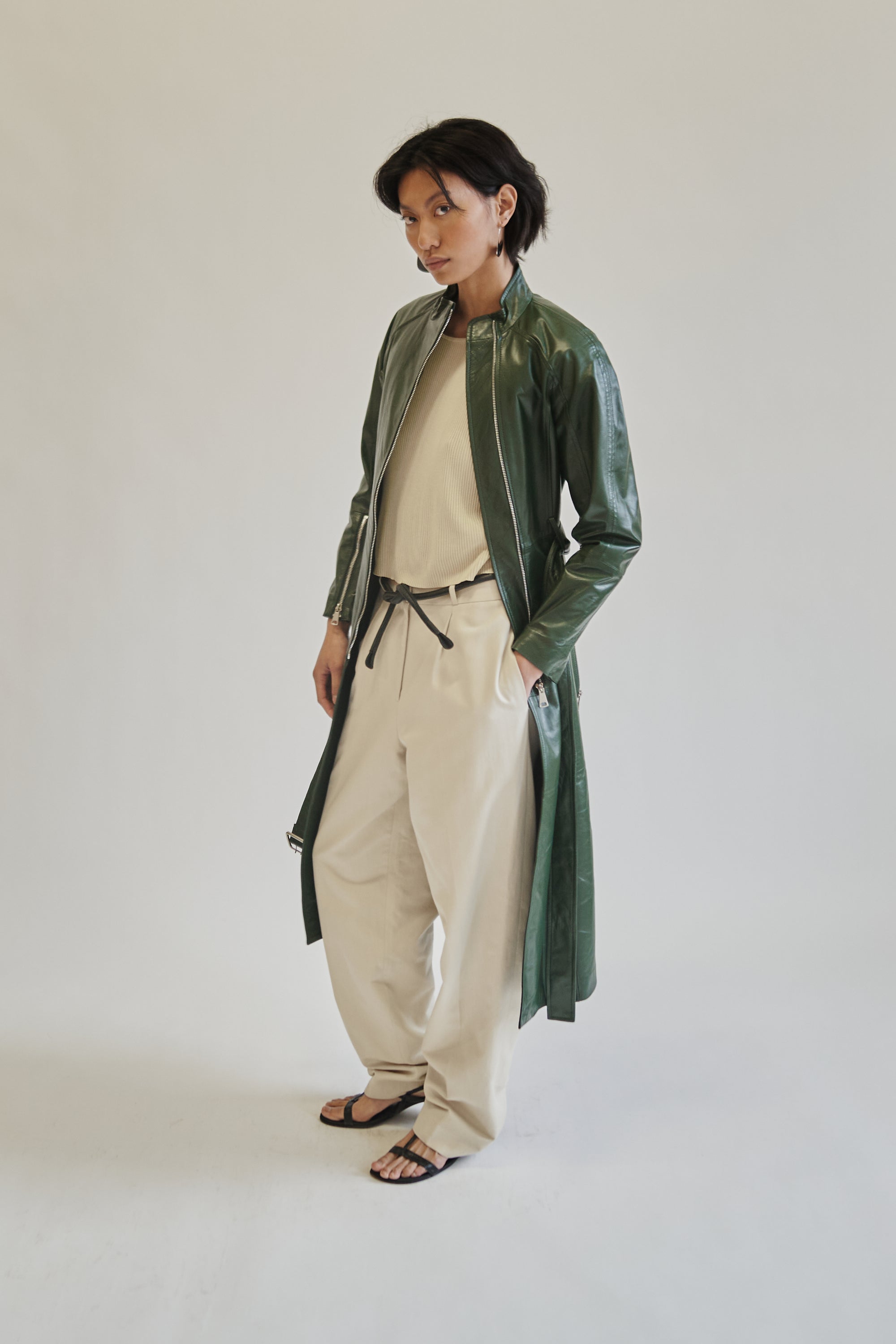 Forest Green Leather Zip Trench Coat - Hey Jude