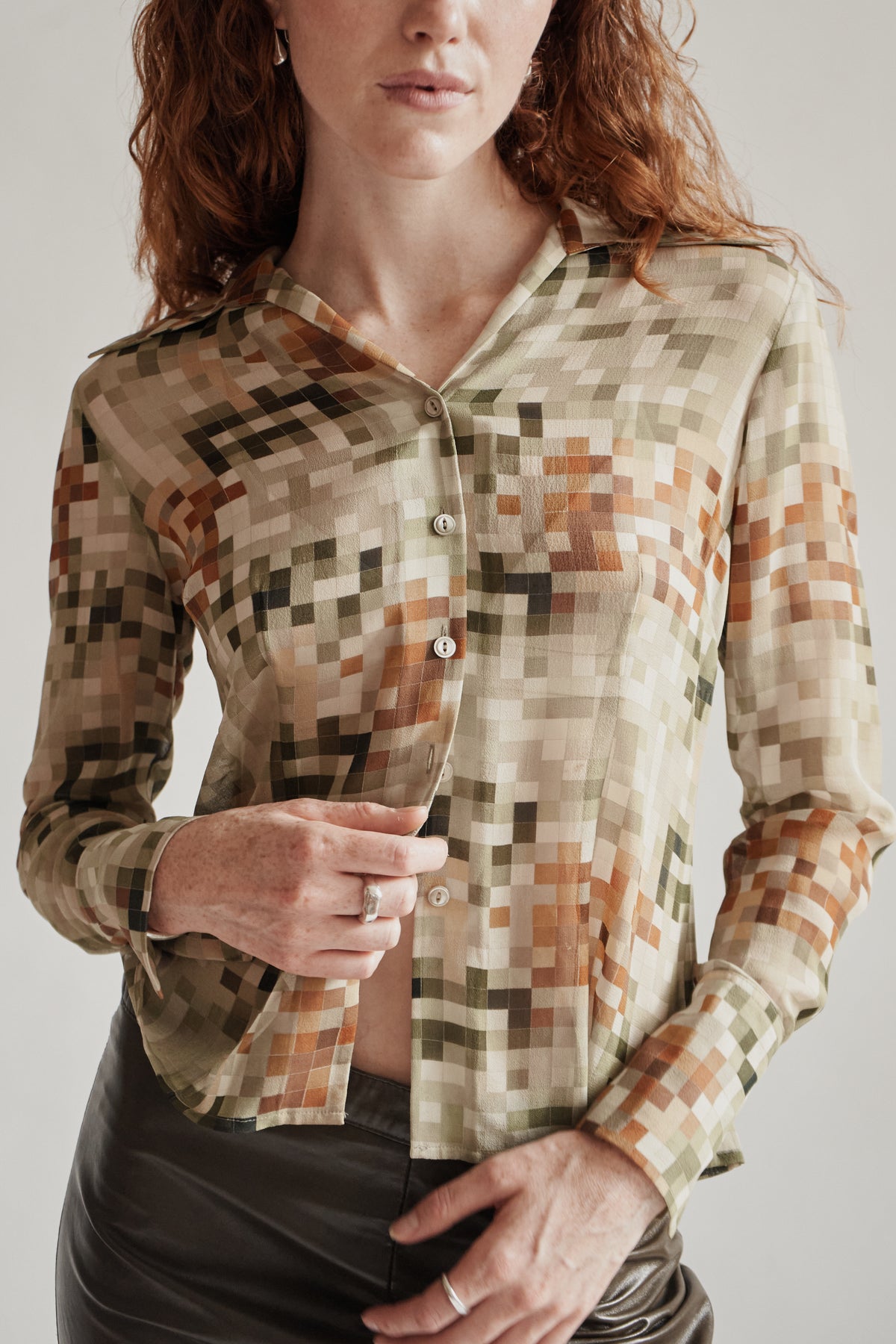 Clover Pixel Print Sheer Silk Blouse