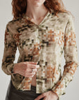 Clover Pixel Print Sheer Silk Blouse