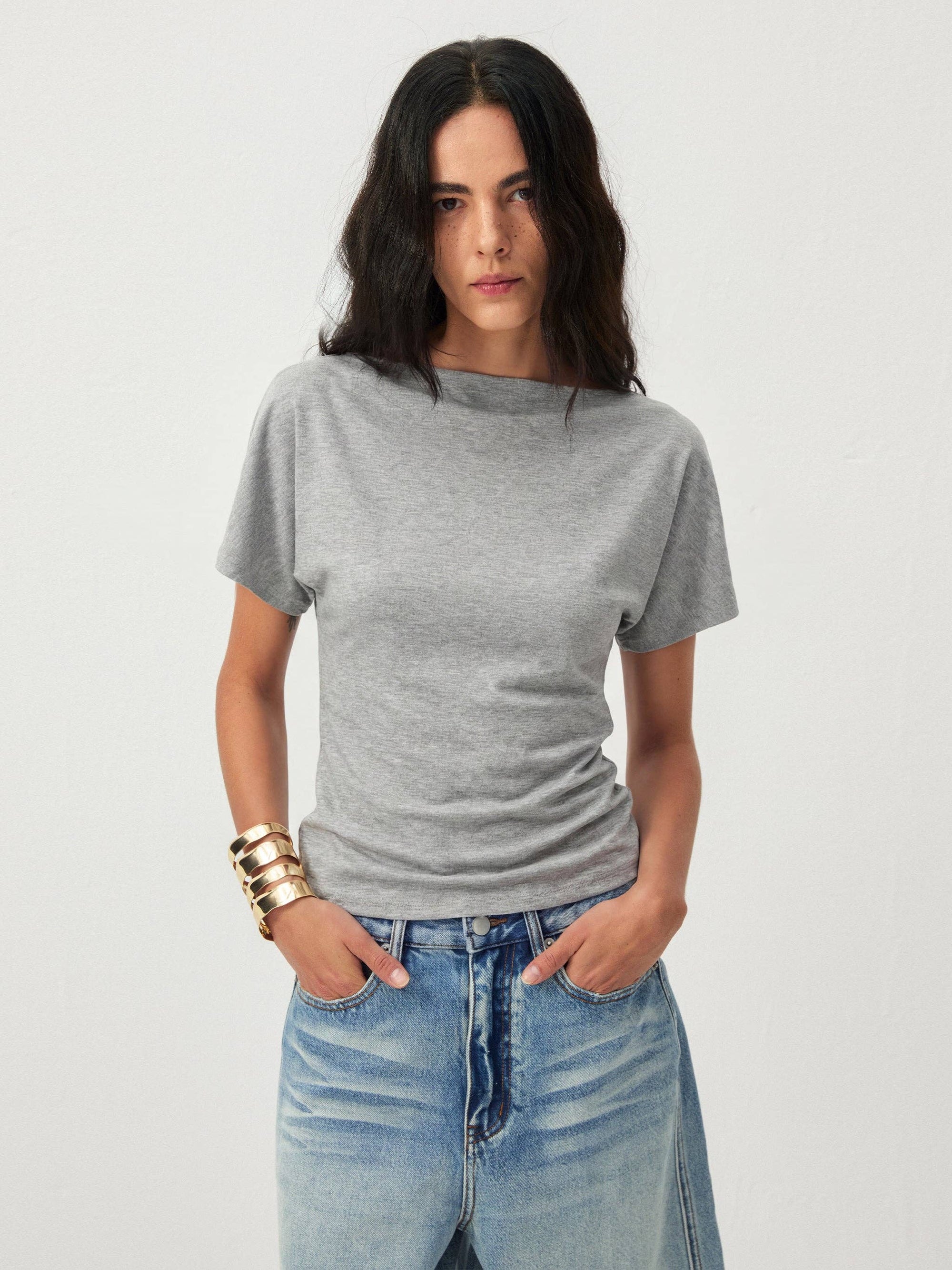 CUBIC - CUBIC Lyocell Blend Off-Shoulder Fitted Top: Gray / UN - Hey Jude