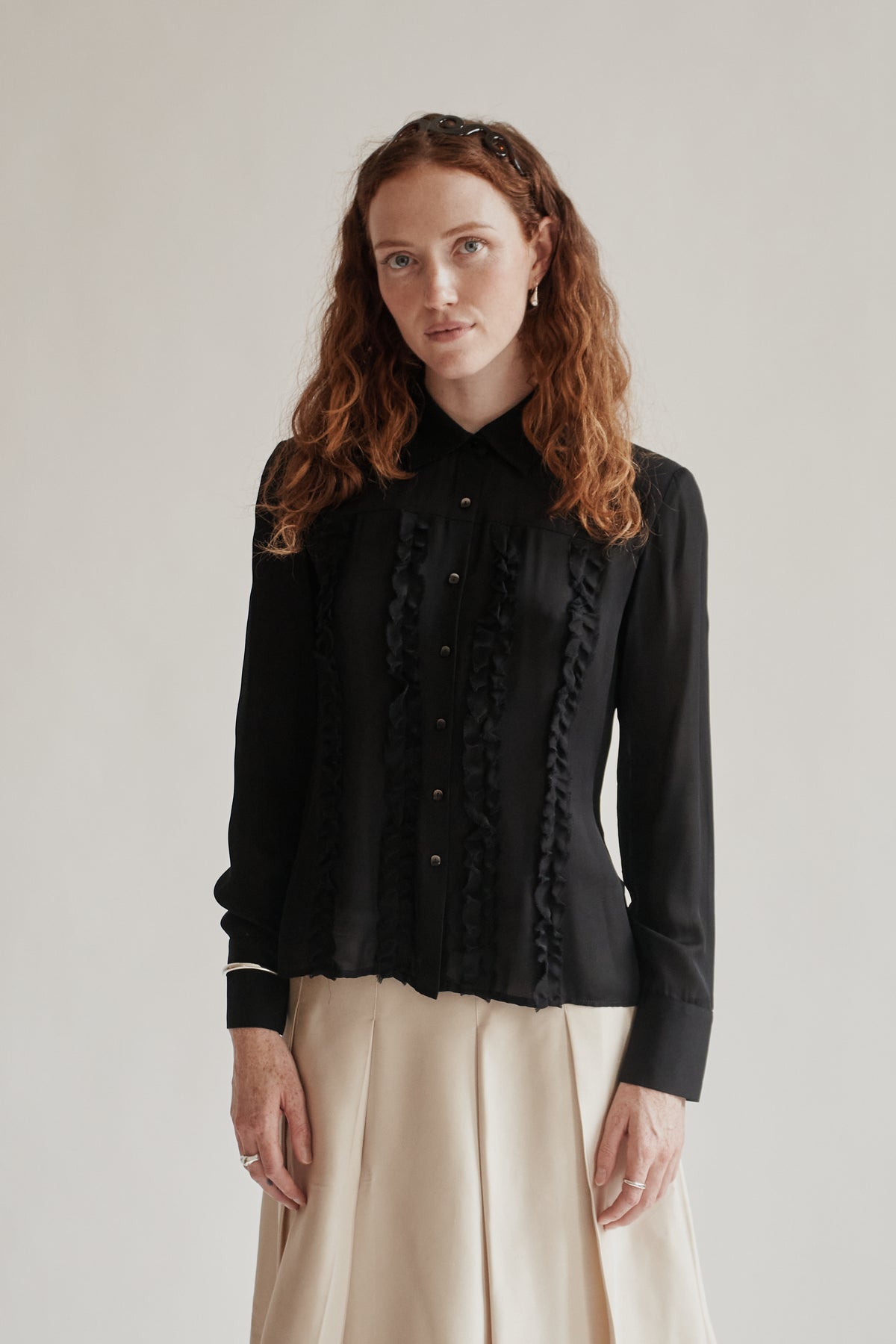 Black Sheer Silk Ruffle Blouse