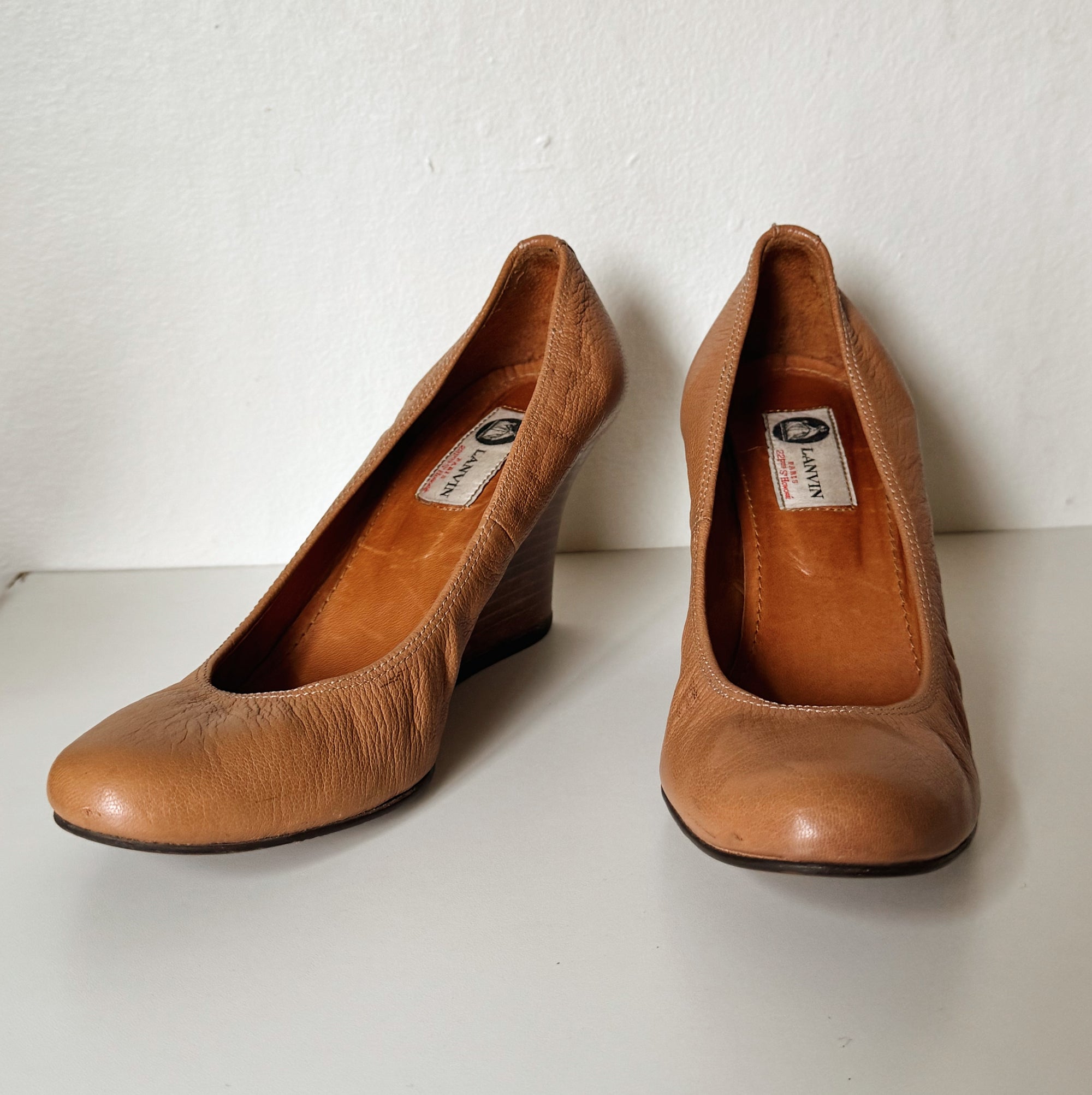Lanvin Caramel Leather Ballerina Wedges | Size 38.5 - Hey Jude