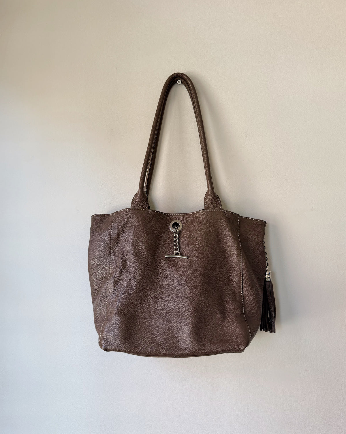 Taupe Leather Double Handle Shoulder Bag