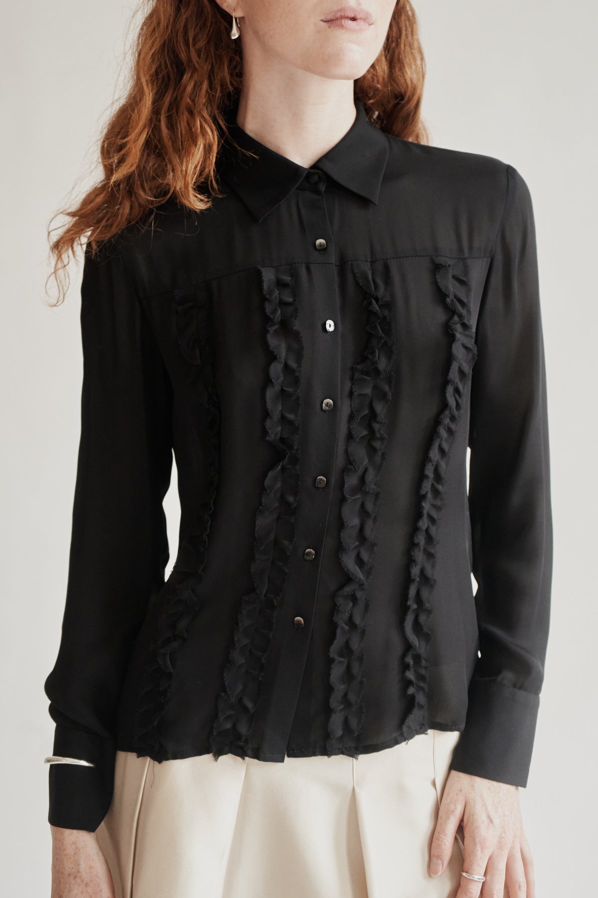 Black Sheer Silk Ruffle Blouse