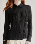 Black Sheer Silk Ruffle Blouse