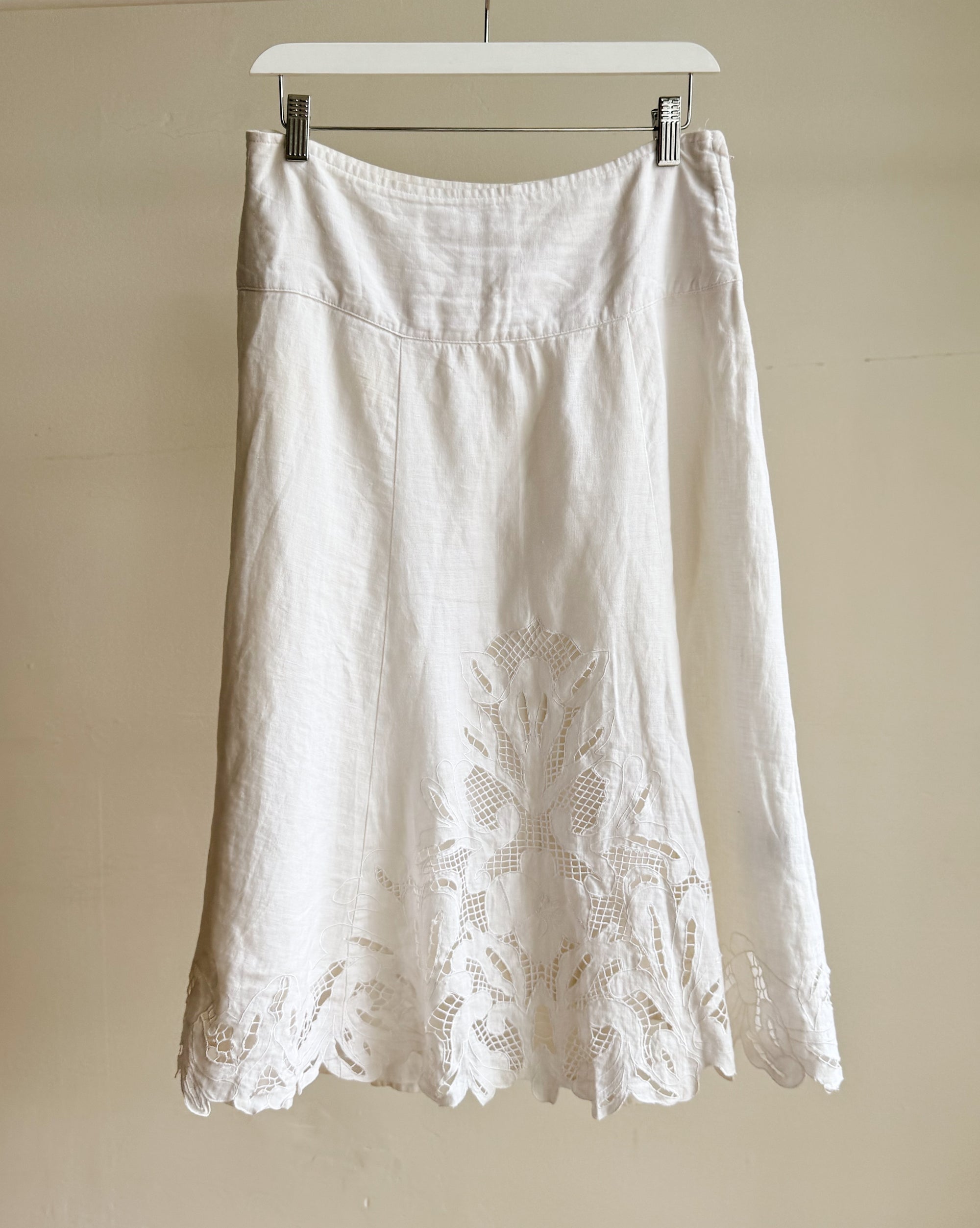 White Linen Cutwork Midi Skirt