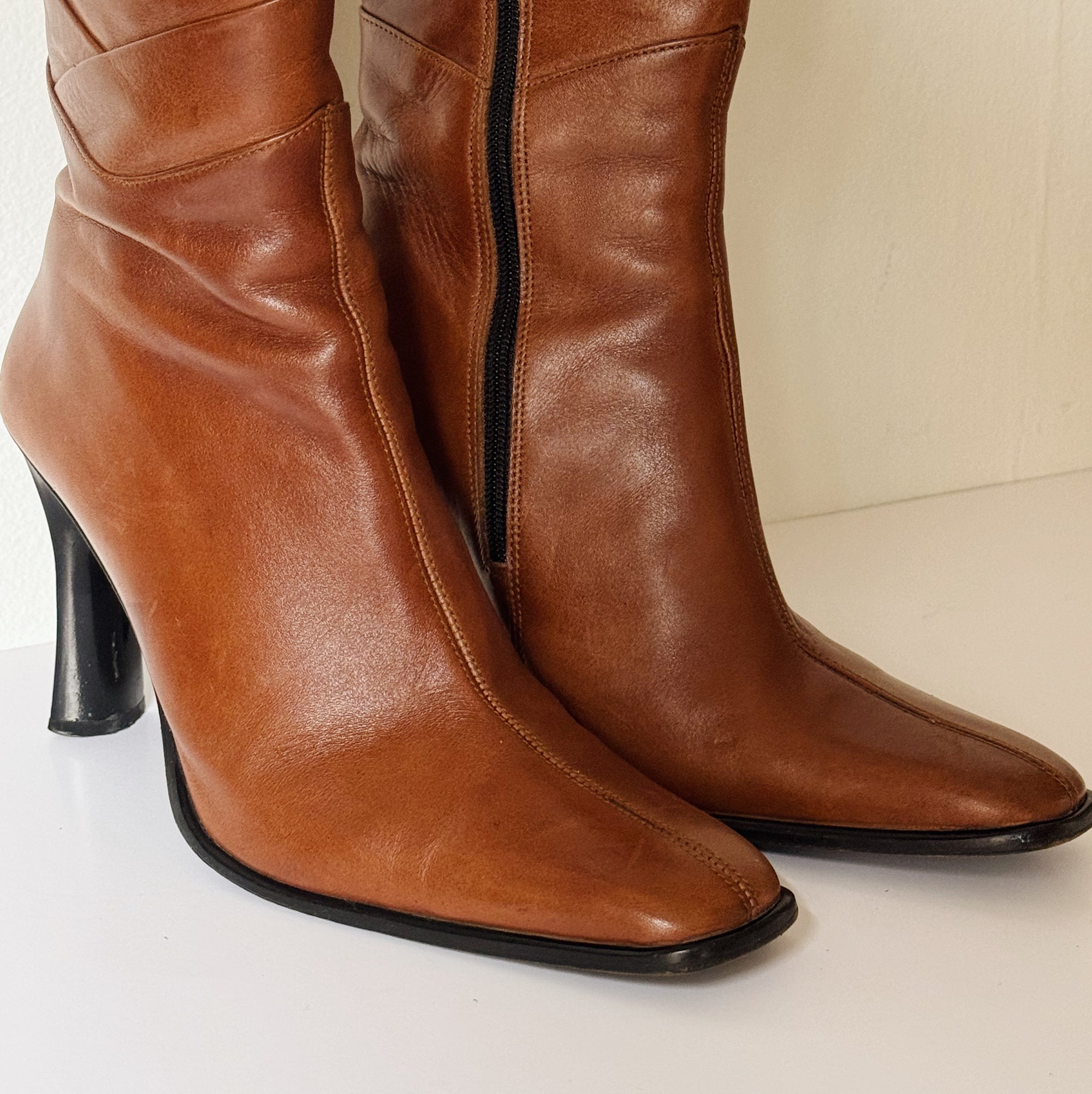 Tobacco Leather Heeled Mid-Calf Boots | Size 38 - Hey Jude