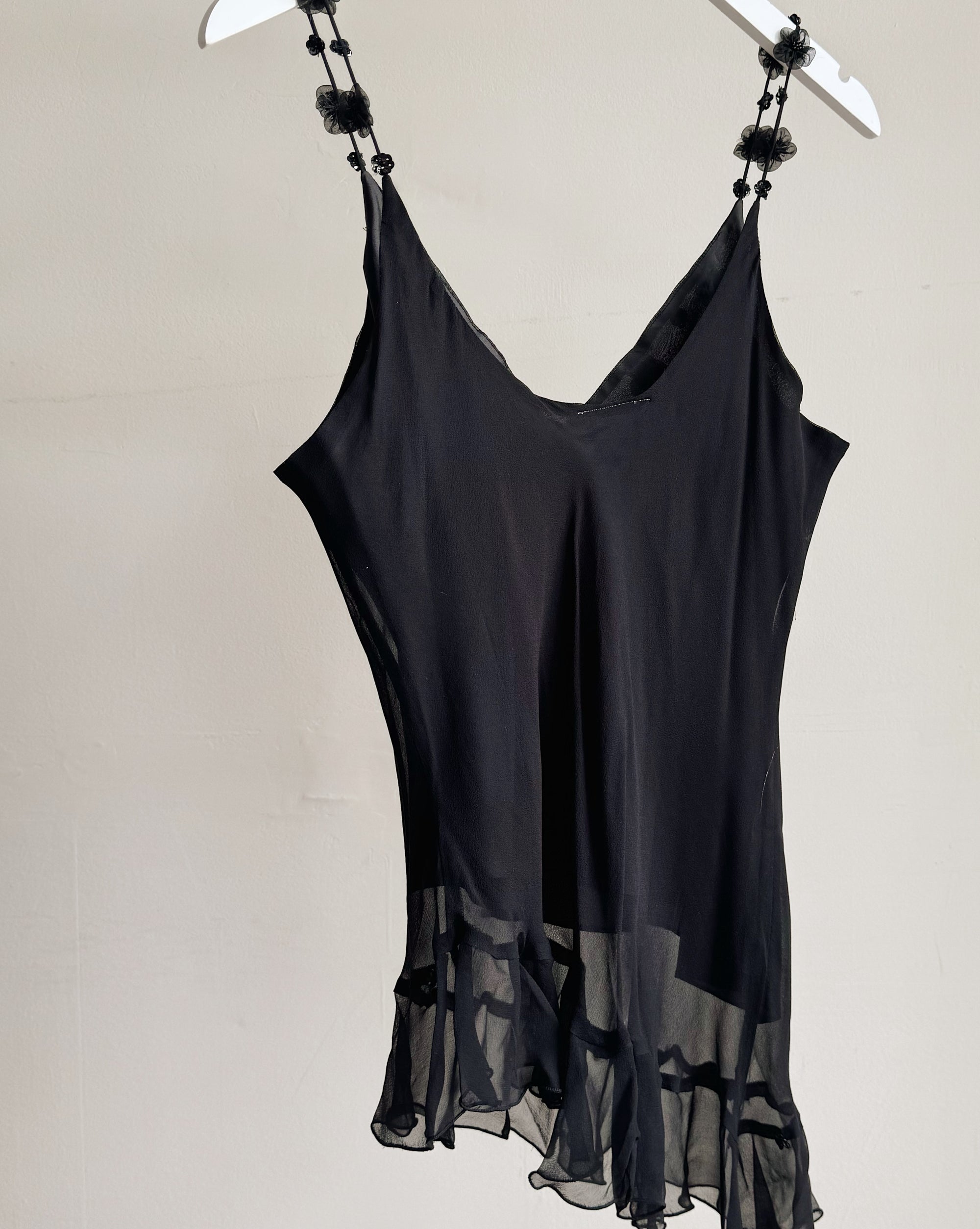 Black Beaded Asymmetrical Silk Tank