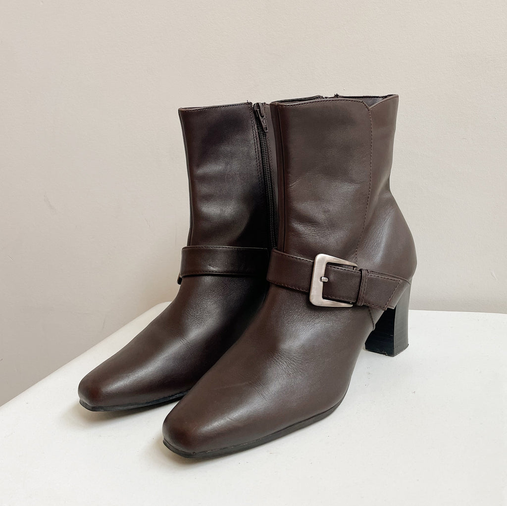 Espresso Belted Leather Ankle Boots | Size 8