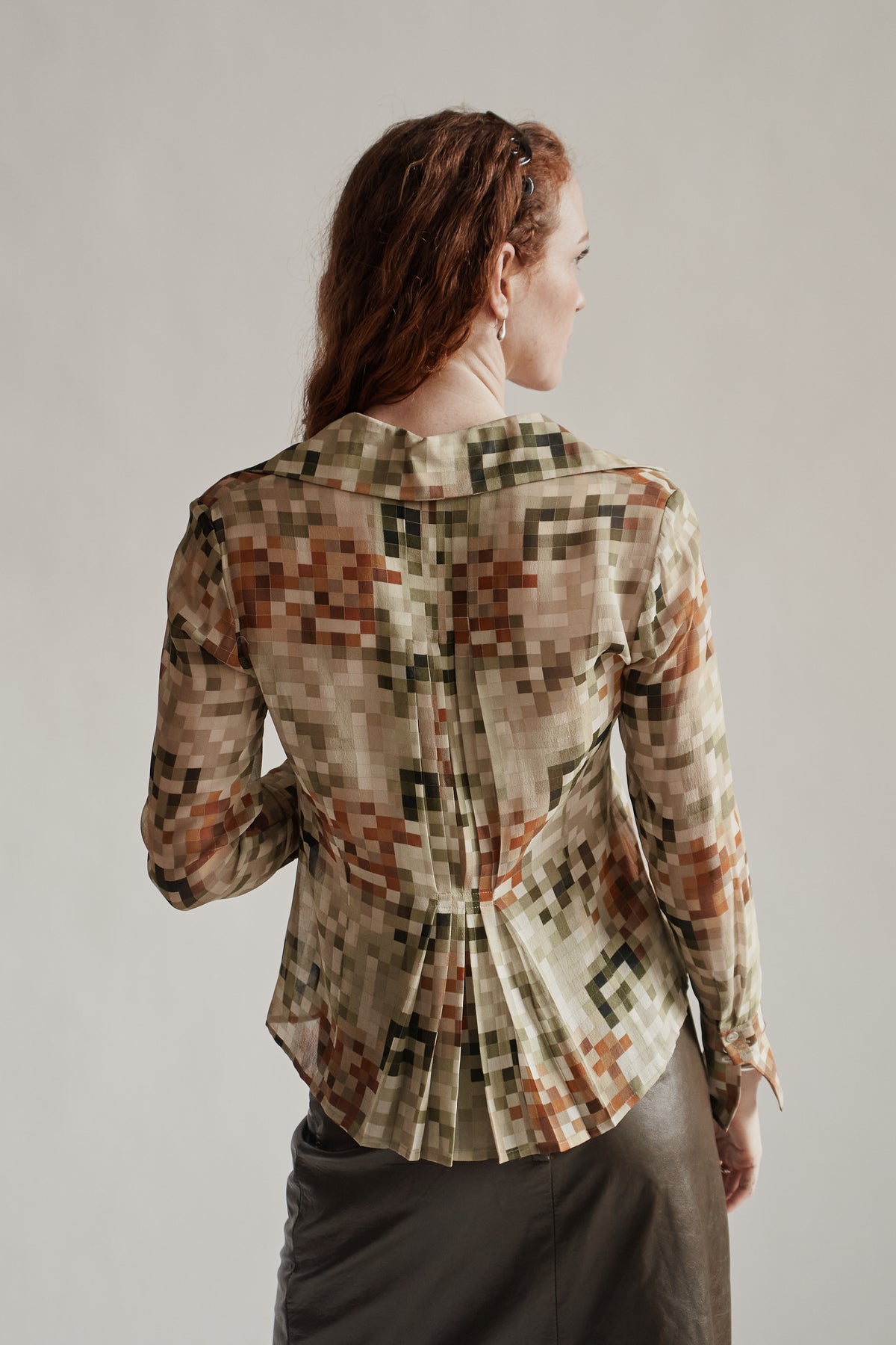 Clover Pixel Print Sheer Silk Blouse