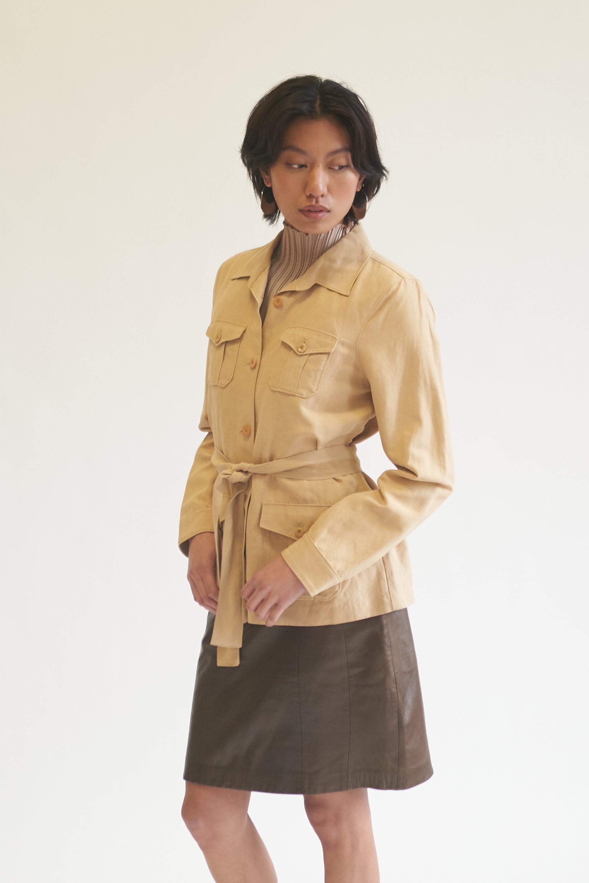 Camel Silk Belted Utility Jacket - Hey Jude