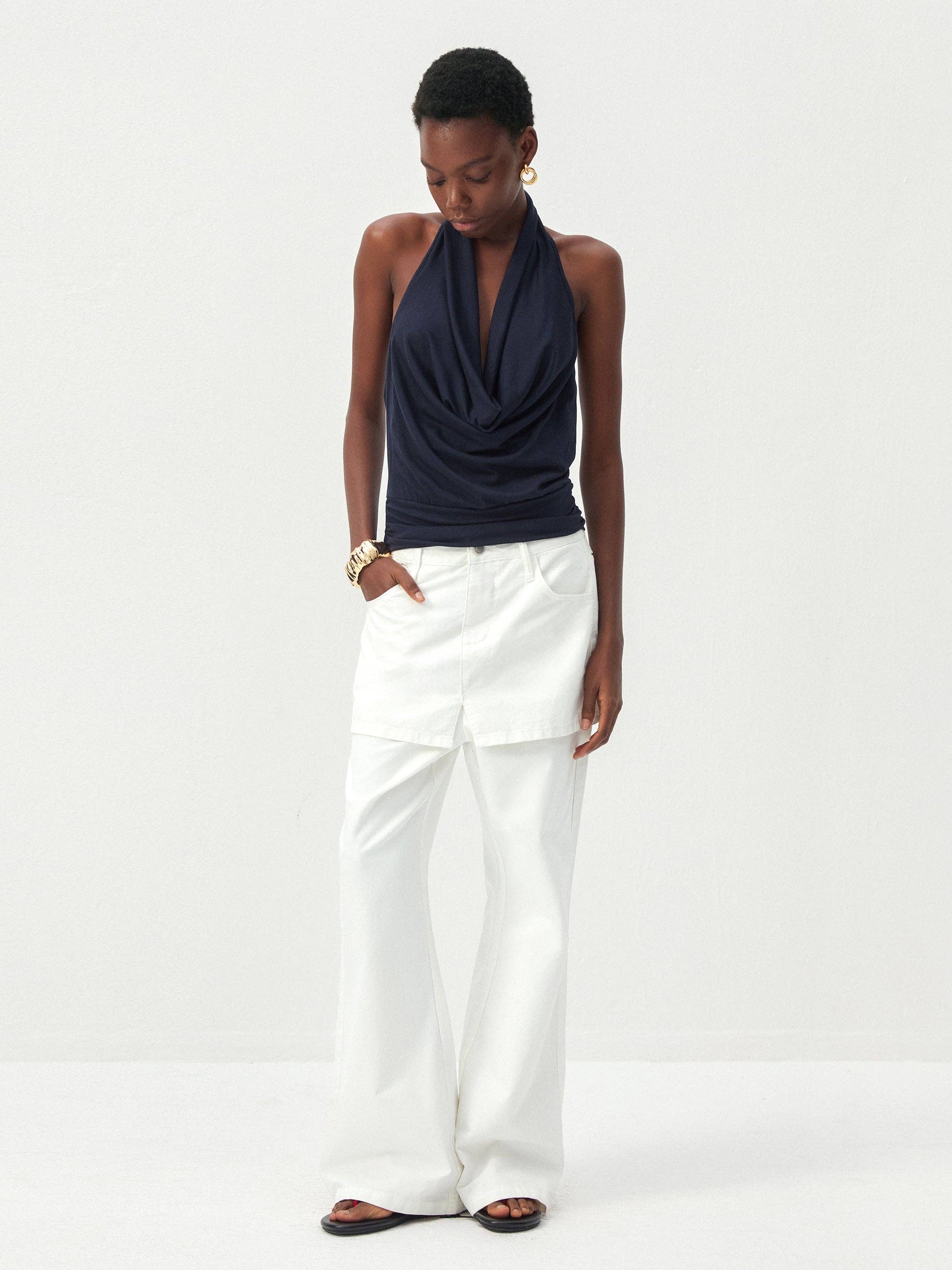 CUBIC - CUBIC Minimal Cowl Neck Halter Camisole: Navy / S - Hey Jude