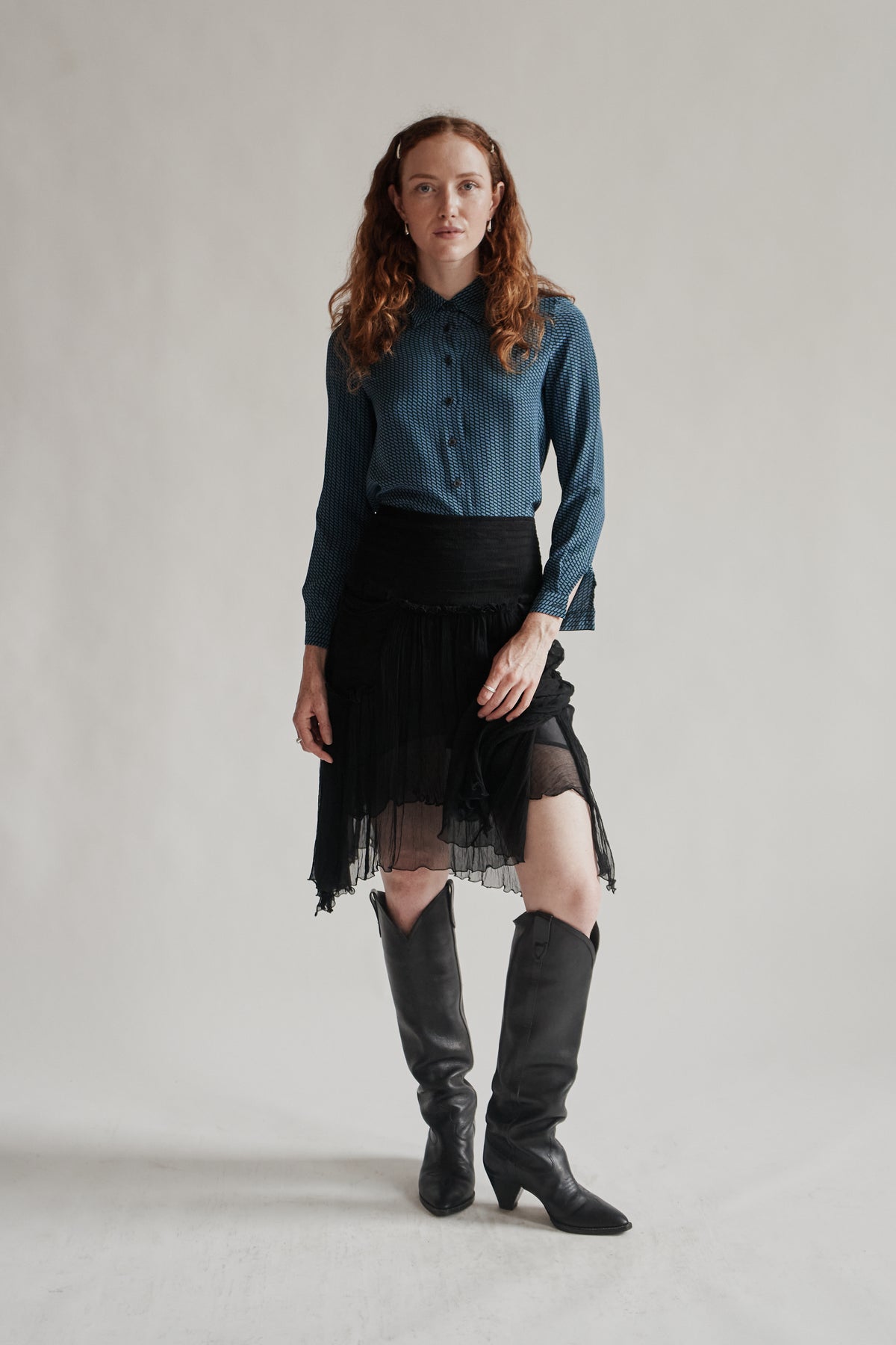 Azure Geometric Silk Blouse