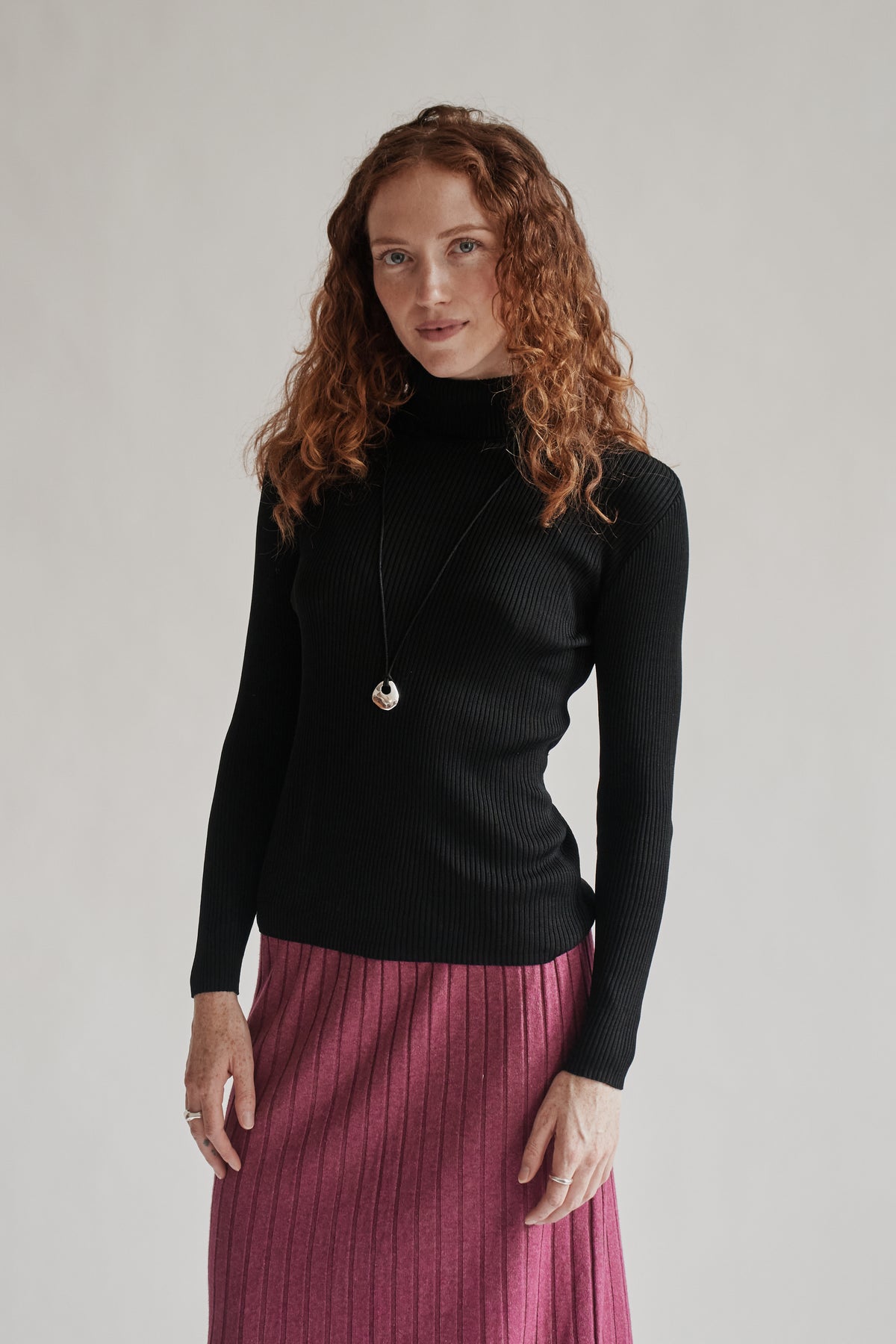 Black Silk Ribbed Turtleneck