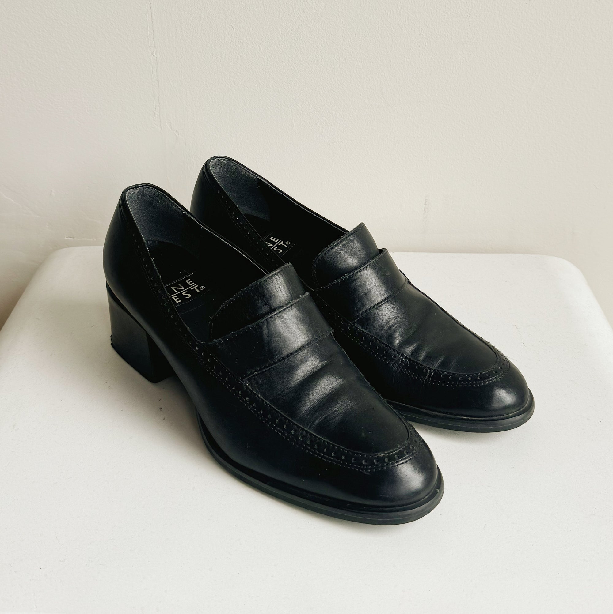 Black Block Heel Leather Loafers | Size 7.5
